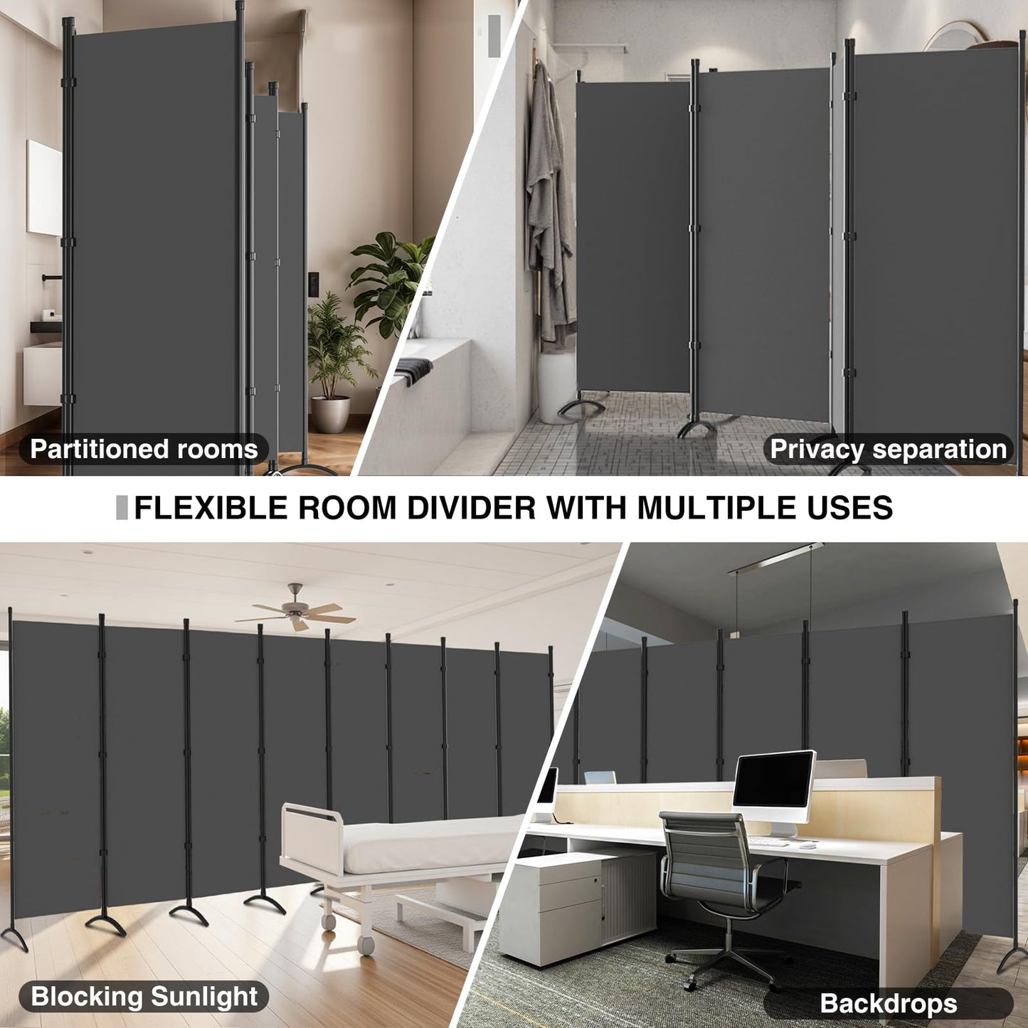 Room Divider-Folding Privacy Screens, 6 ft Partition Room Dividers Wall for Separation, Home, Office, Classroom, Studio (Grey, 8 Panel)