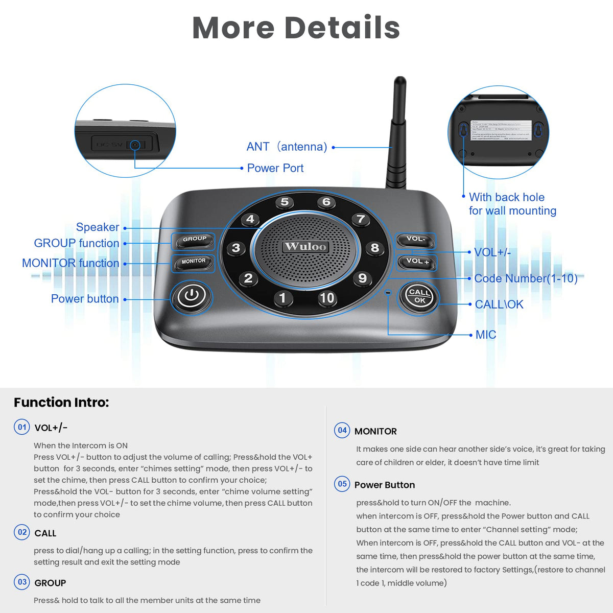 Hands-Free Two Way Intercoms Wireless for Home Business, Wuloo Upgrade Audio Intercom System for Elderly, Full Duplex Room to Room Intercom with 5280 ft Range Clear Sound Anti-Interference, 3-Pack