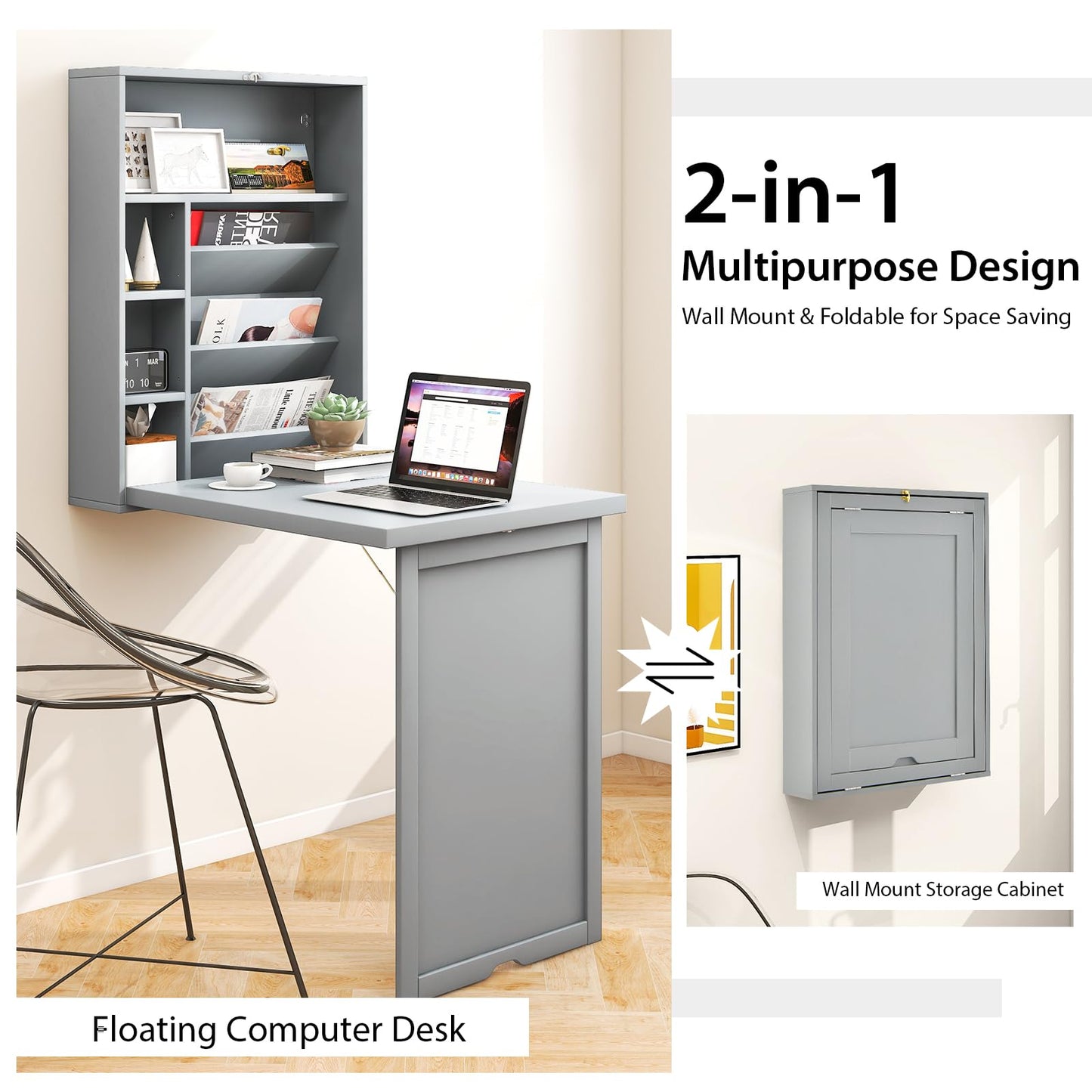 Byroce Wall Mounted Desk, Wood Collapsible Floating Desk, Convertible Computer Desk with Storage Area, Hanging Fold Out Table for Home Office, Small Spaces (Grey)