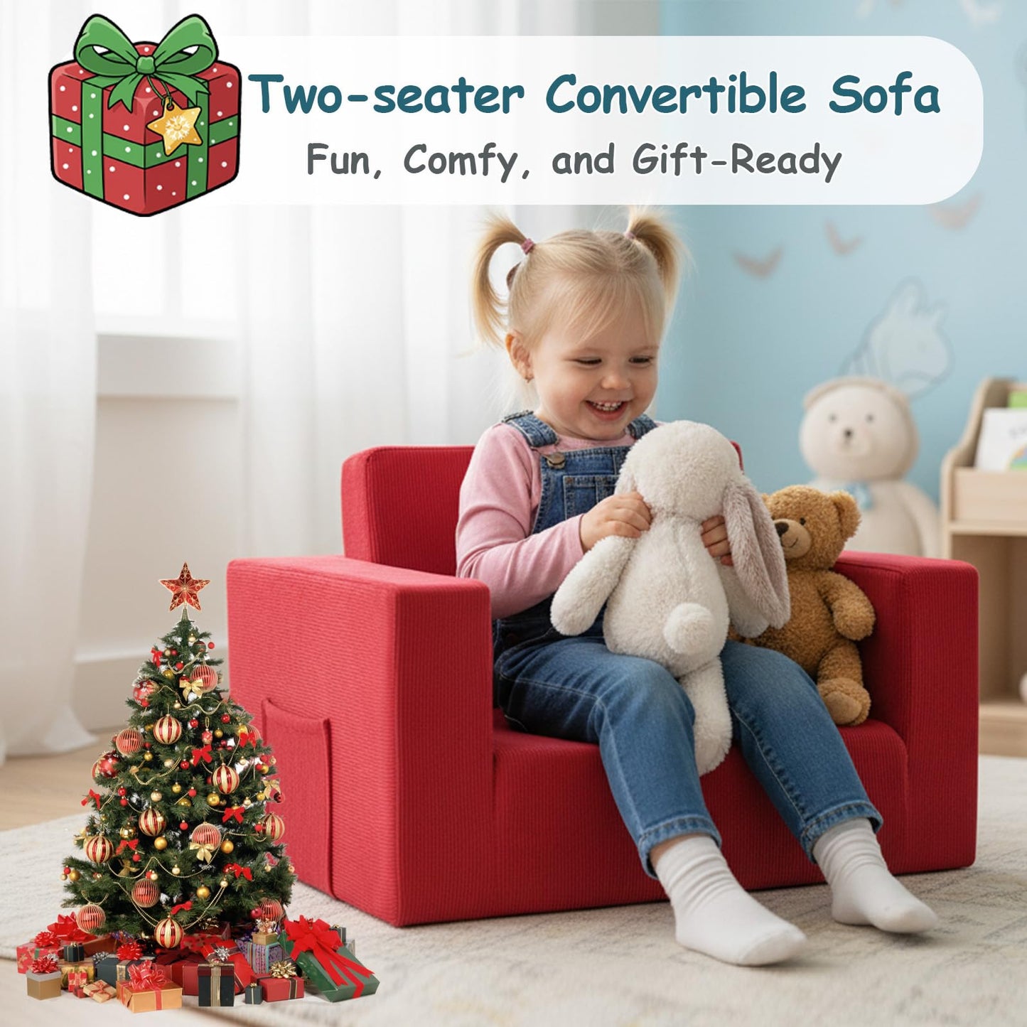 Tiita 2-in-1 Kids Sofa, Convertible Children Couch to Lounger, Flip Out Kids Chair, Toddler Armrest Chair Bed, Folding Kid Play Sofa for Girl or Boy, Corduroy Red