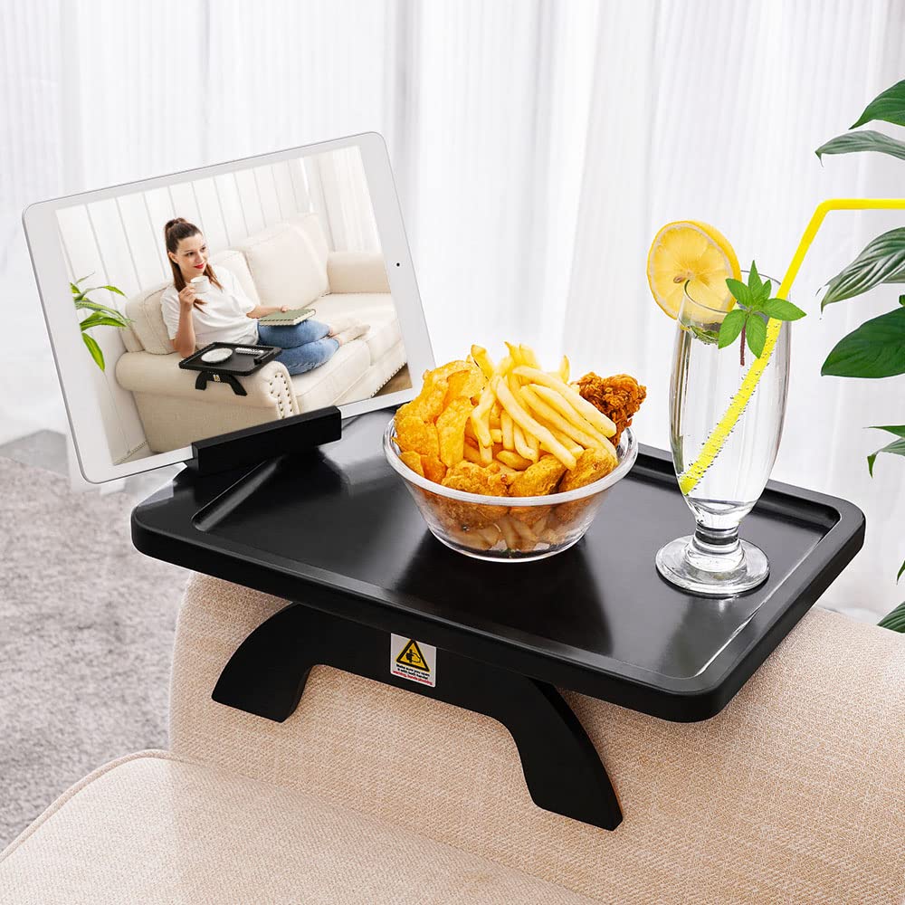 SINWANT Couch Arm Table, Bamboo Sofa Clip On Side Table Tray,Foldable Sofa Arm Tray with 360° Phone Holder for Eating Drinking Snacks Remote on Couch Armrest