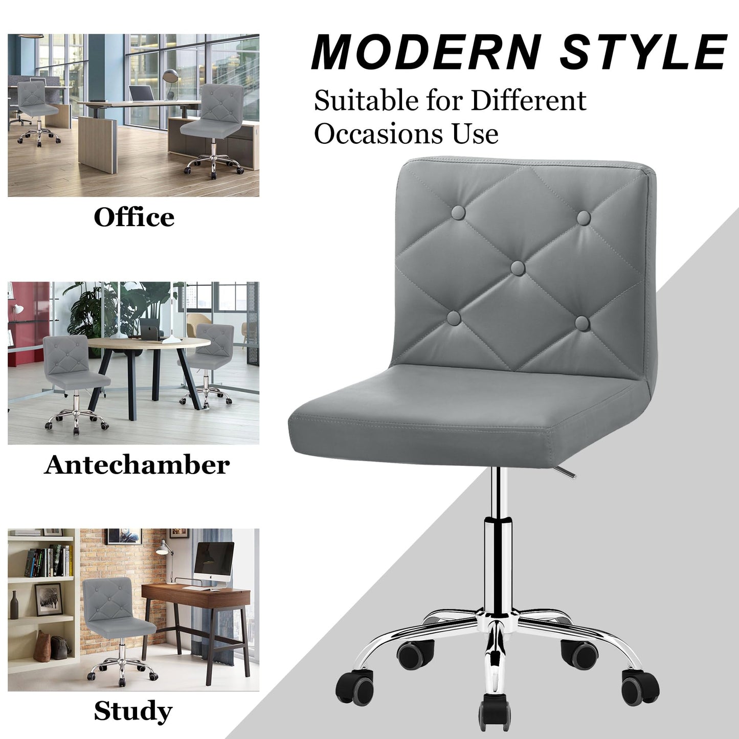 VECELO PU Leather Mid-Back Armless Desk Chair Adjustable Height 360° Rolling Swivel for Home Office Work, Grey