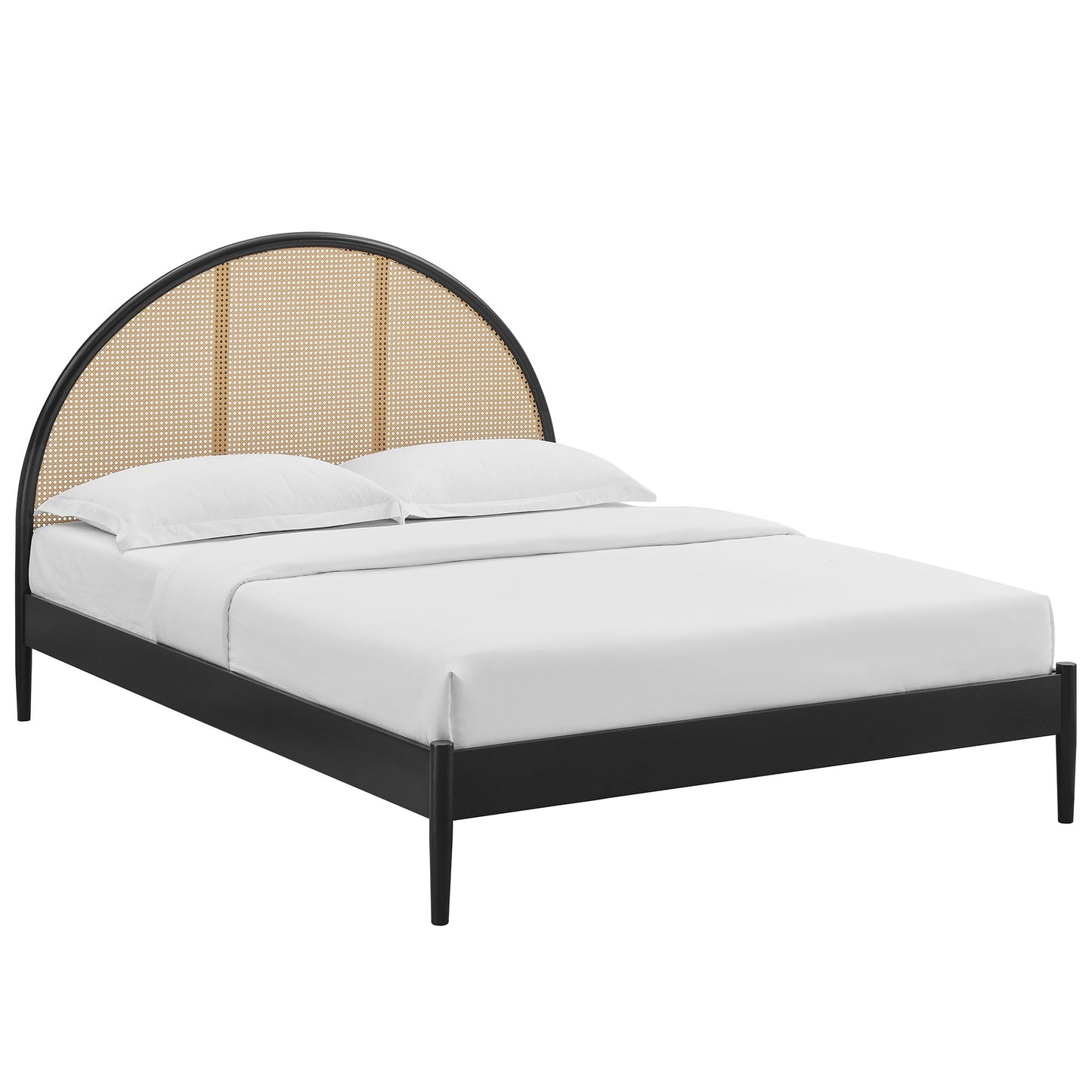 Modway Odette Arched Queen Platform Bed in Black with Rattan Cane Headboard – Wooden Queen Half Moon Bed Frame – Mid-Century Modern Queen Size Platform Bed Frame