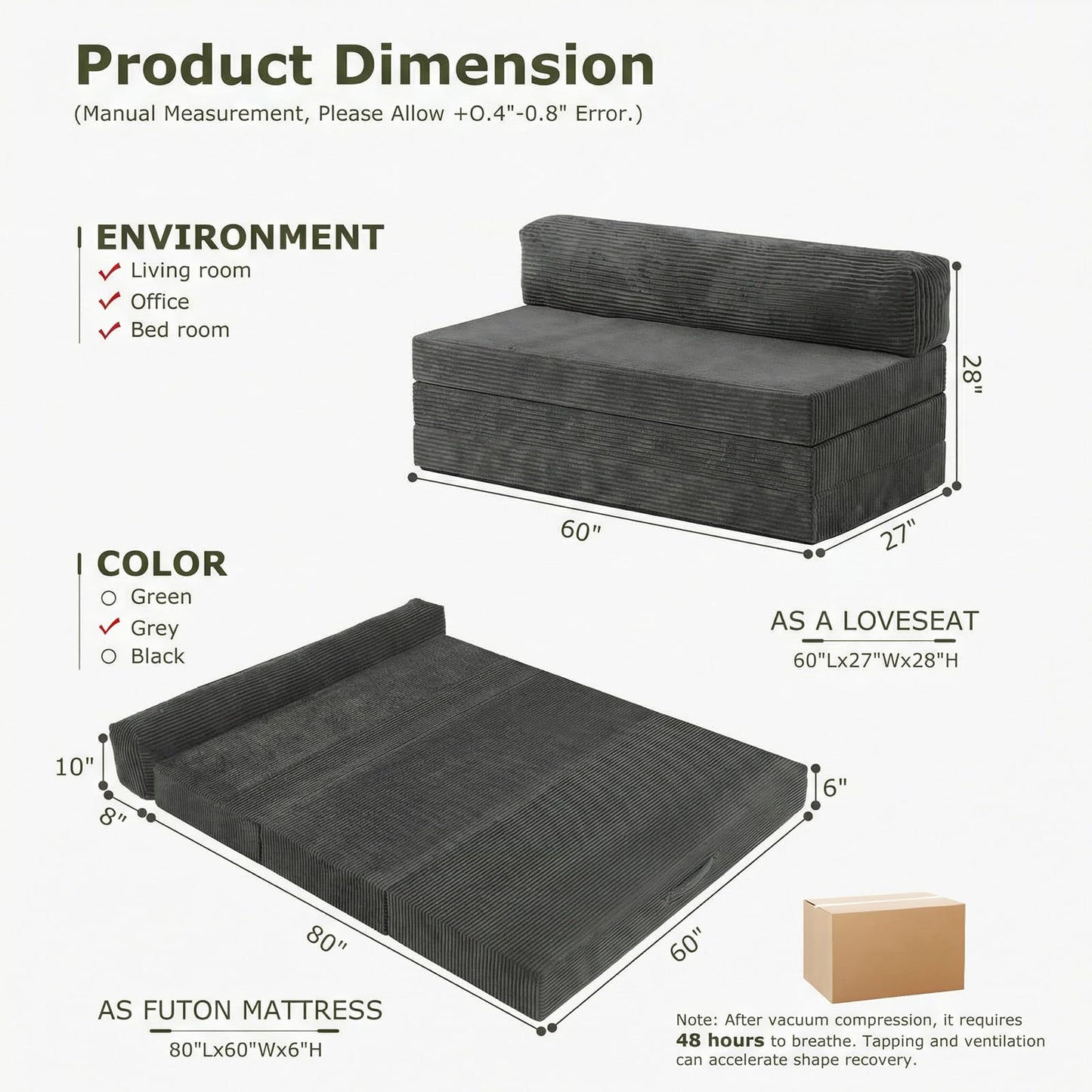 NLDD 5-in-1 Convertible Sofa Bed, Boneless Loveseat, Tri-fold Futon Sofa Bed with Removable Cushions & Washable Cover, Pull Out Couch with Handle, for Small Spaces, Queen Size, Grey