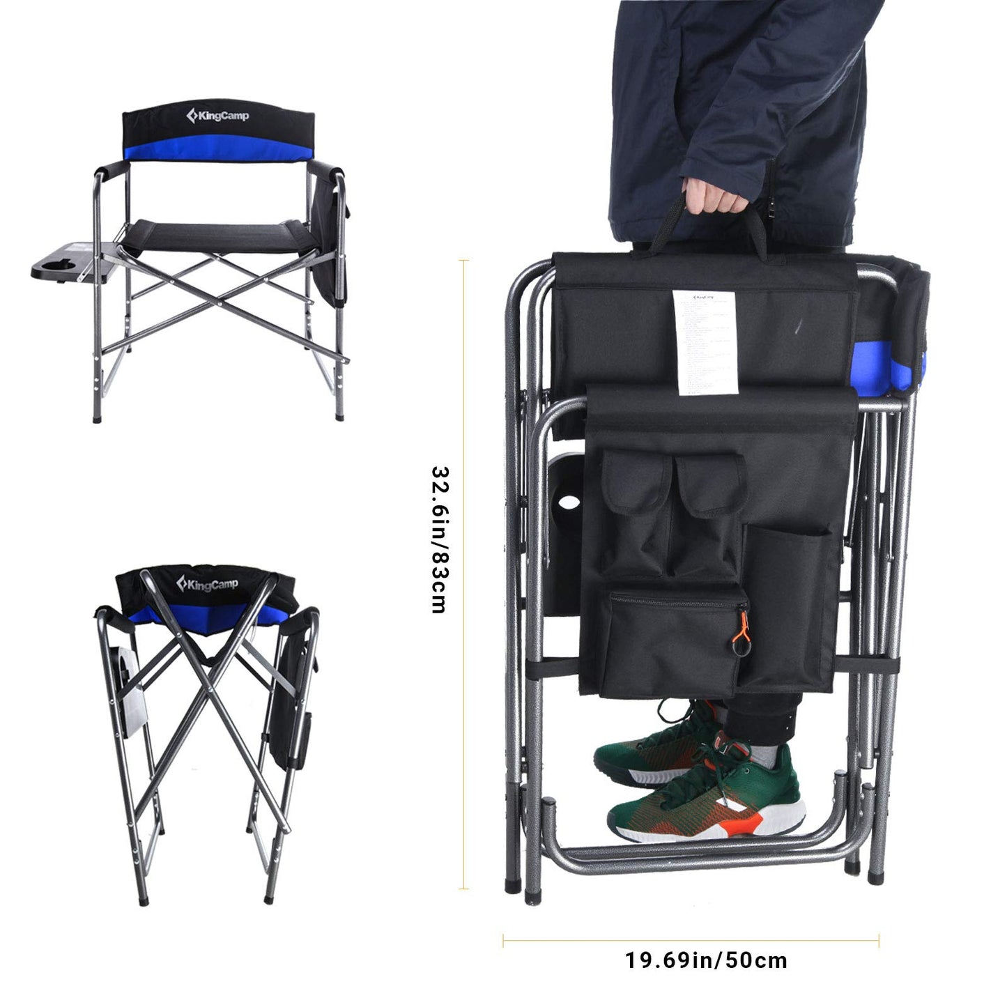 KingCamp Portable Camping Chair, Folding Directors Chair Compact Outdoor Chair with Side Table Cup Holder for Beach Trip Tailgating Lawn Sports Backpacking Fishing Picnic, Blue