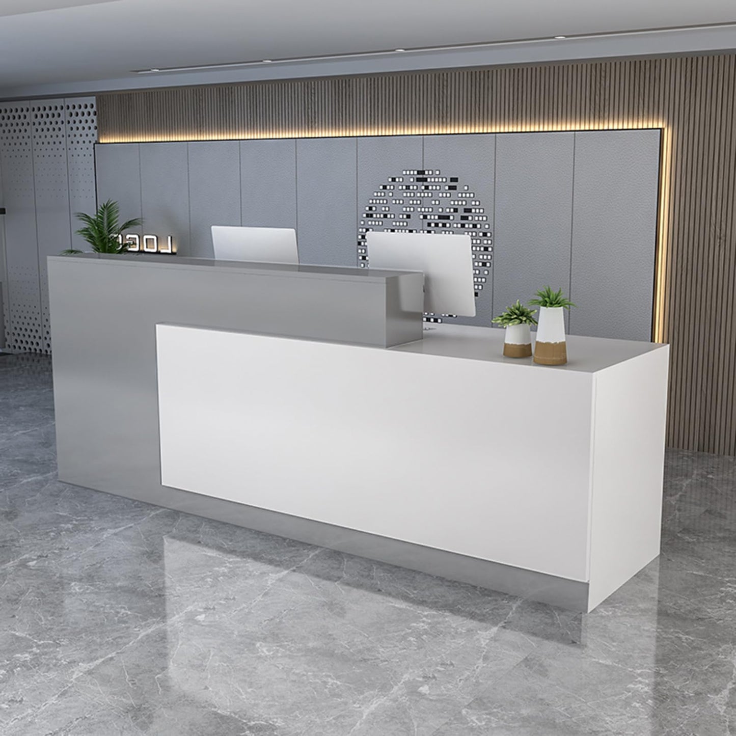 Front Counter Desk with Lockable Drawers - Modern Reception Desk with Open Shelves, Ideal for Salon, Hotel Checkout, and Office - Stylish and Functional Reception Table