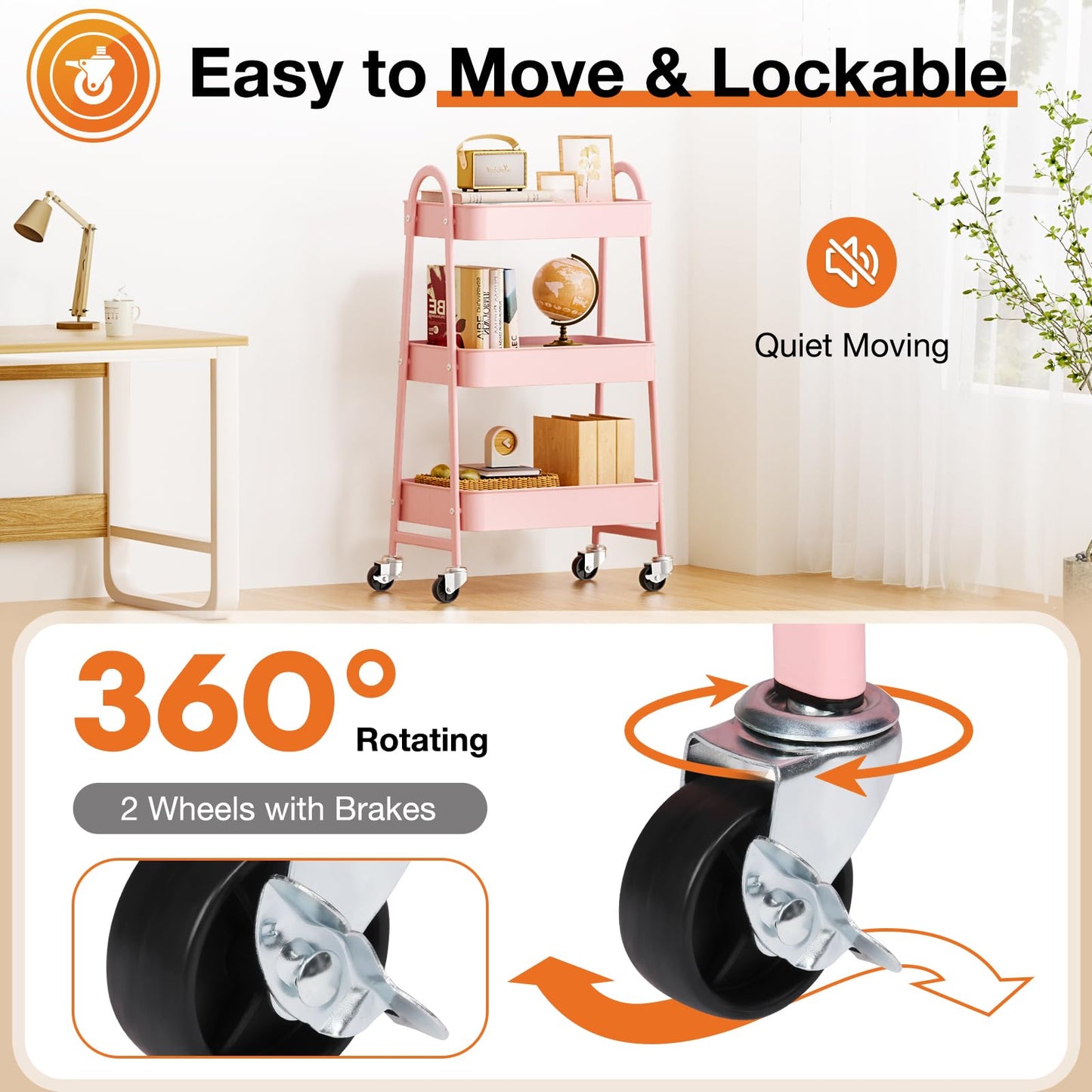 NEWBULIG 3-Tier Metal Rolling Cart with Lockable Wheels, Heavy Duty Mobile Utility Storage Shelf, Roller Book Snack Cart, Organization for Livingroom, Bathroom, Office, Pink
