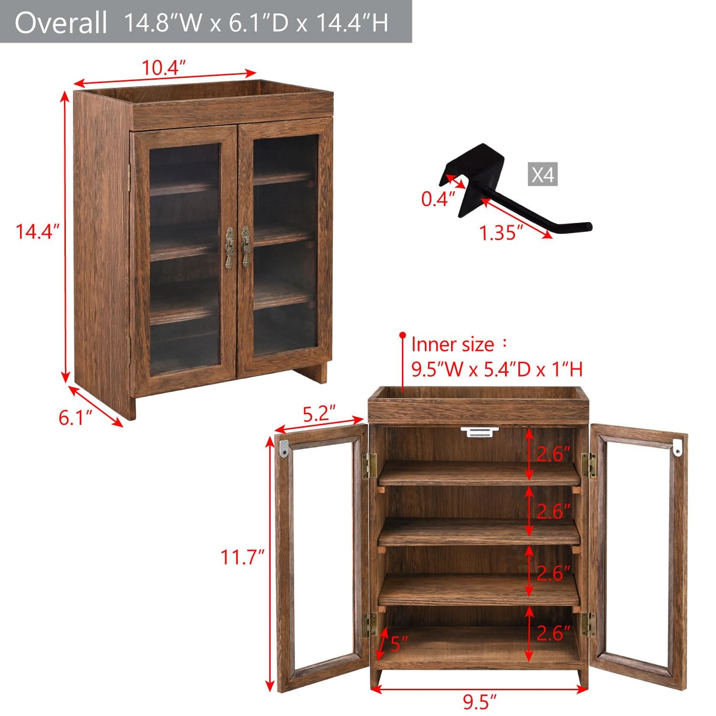 Ikee Design Small Wooden Countertop Storage Cabinet with Adjustable Shelves and Removable Hooks, Perfect for Perfume, Pantry, Essential Oil, 10.4W x 6.1D x 14.4H in, Brown