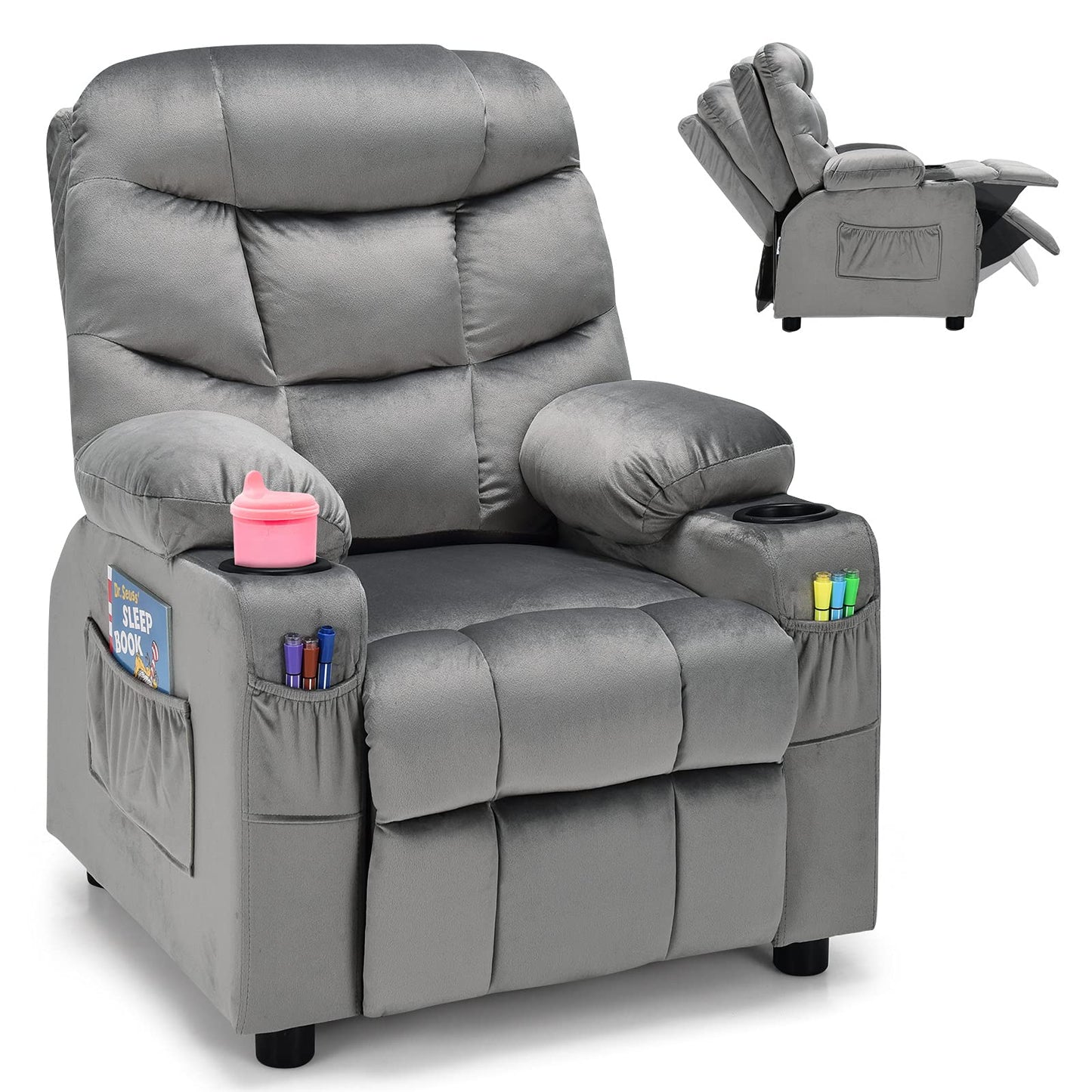 Costzon Kids Recliner Chair with Cup Holder, Adjustable Velvet Lounge Chair w/Footrest & Side Pockets for Children Boys Girls Room, Ergonomic Toddler Furniture Sofa Gifts, Kids Recliner (Gray)