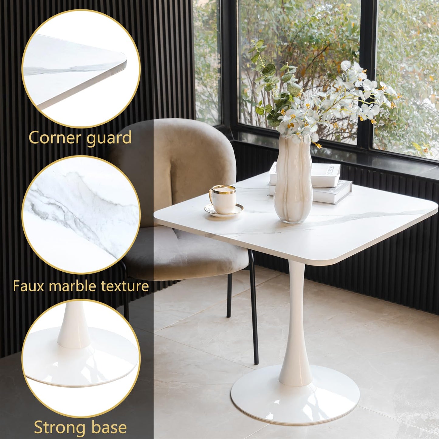 ALPOME 30" Square White Modern Dining Table - Faux Marble Tulip Kitchen Table with Heavy Duty Pedestal Metal Base, Mid-Century Bistro Table for Small Spaces, Apartment, Dining Room, 2-4 People