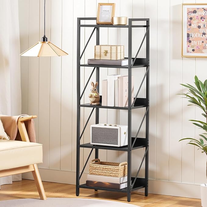 HOOBRO Bookshelf, 5-Tier Industrial Bookcase, Book Shelf Storage Organizer