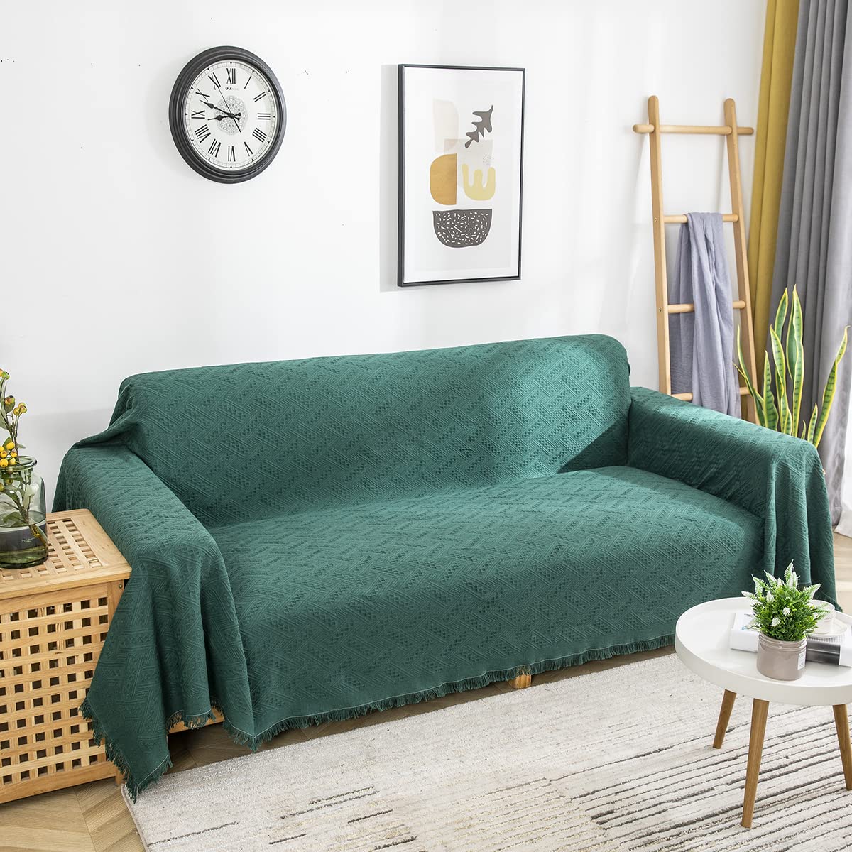 AIVIA Couch Cover Sheet Blanket, Oversized Covers for 3-4 Cushion High Backrest Sofa, Extra Large Furniture Decoration Sofa Slipcovers, L Shape U-Shaped Sectional Protector, Blackish Green 91"x134"