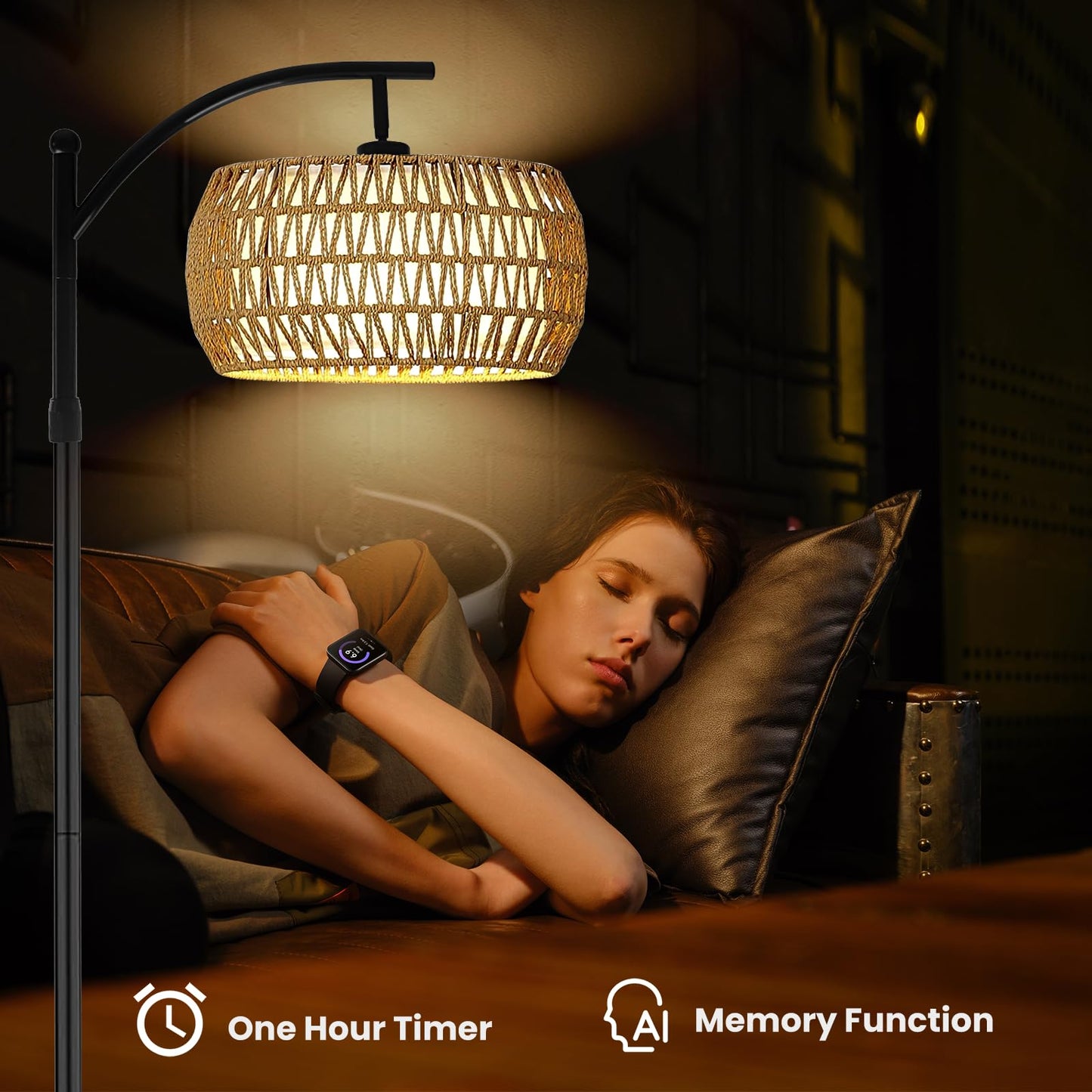 Yusist Arc Floor Lamp for Living Room,Farmhouse Floor Lamps with Remote Control & Dimmable Bulb, Boho Rattan Tall Standing Lamp for Bedroom Office
