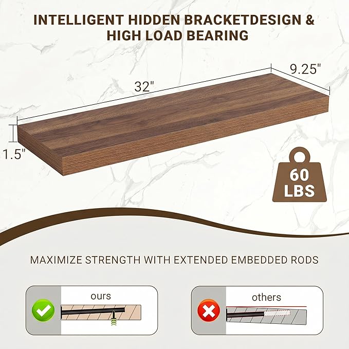 Acovy 32 Inch Floating Shelves, 3D Textured Wood Grain, Wooden Shelves