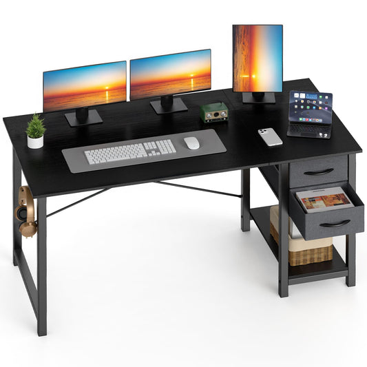 Sweetcrispy 47 Inch Computer Desk with Drawers for Home Office Writing Desk X Shaped Reinforcement Wood Surface Adjustable Position Modern Study Work Side Hook Metal Frame Storage Station Black