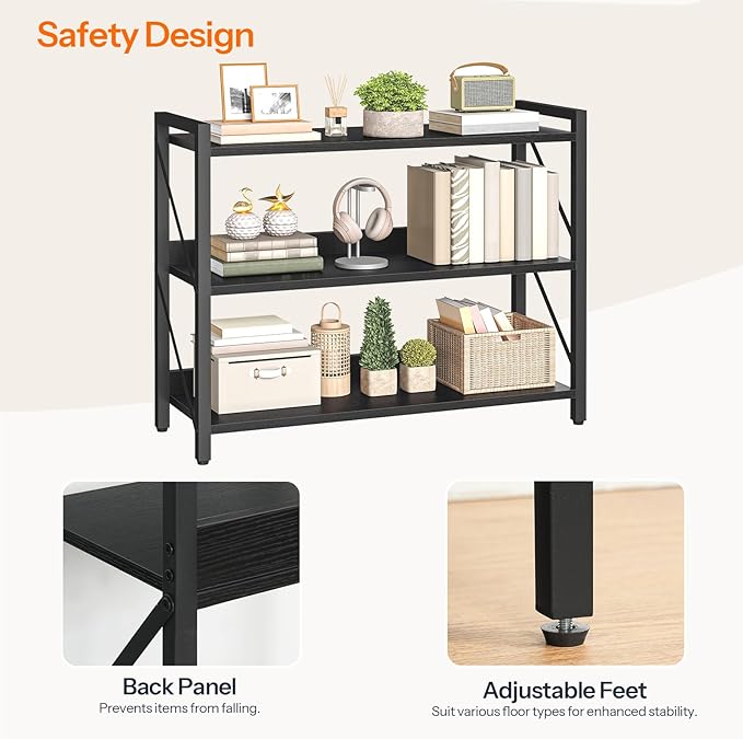 HOOBRO Bookshelf, 3-Tier Industrial Bookcase, Book Shelf Storage Organizer