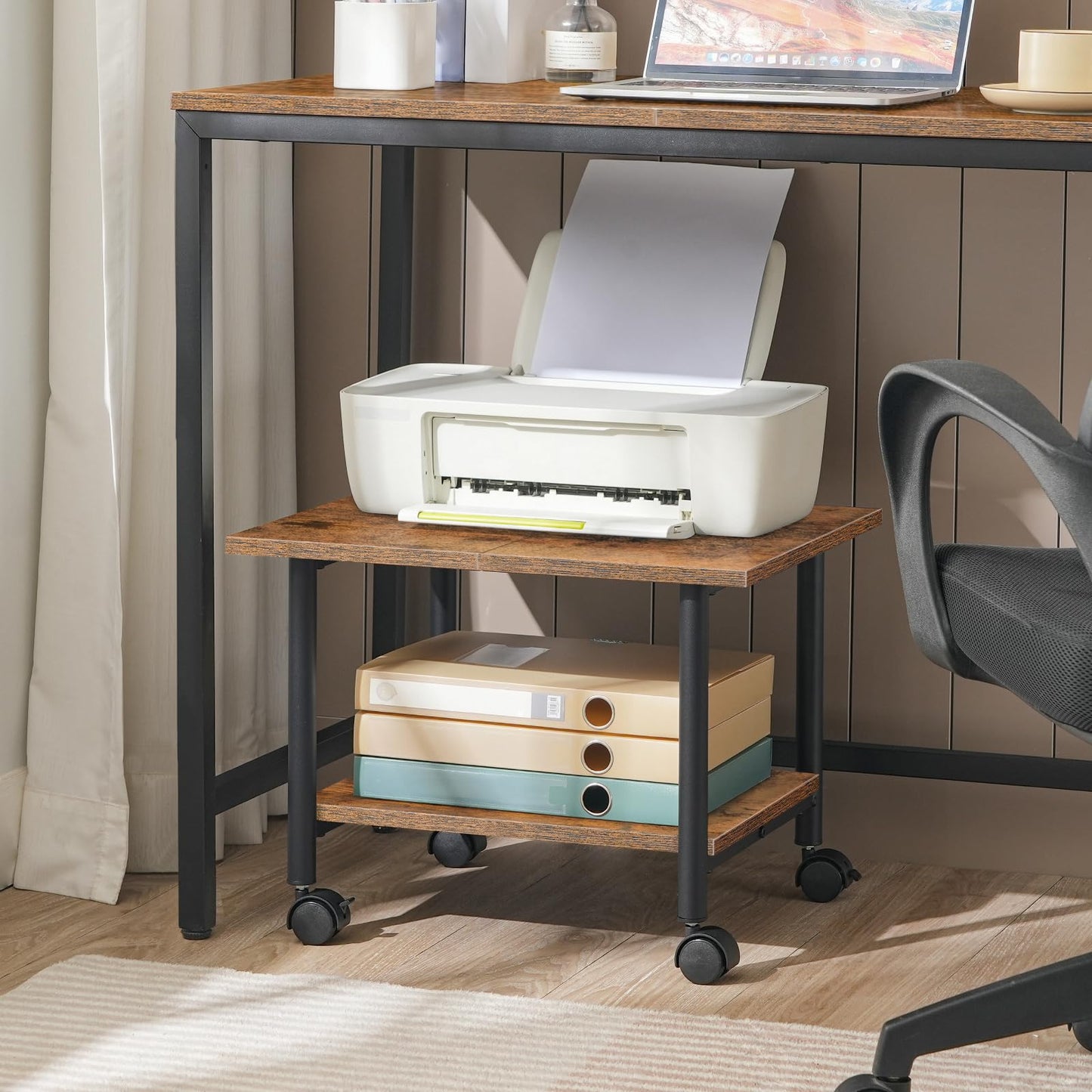HOOBRO Printer Stand, 2-Tier Industrial Under Desk Printer Cart with Shelf, Mobile Heavy Duty Storage Rack on Wheels for Home, Office, Rustic Brown and Black BF02PS01G1