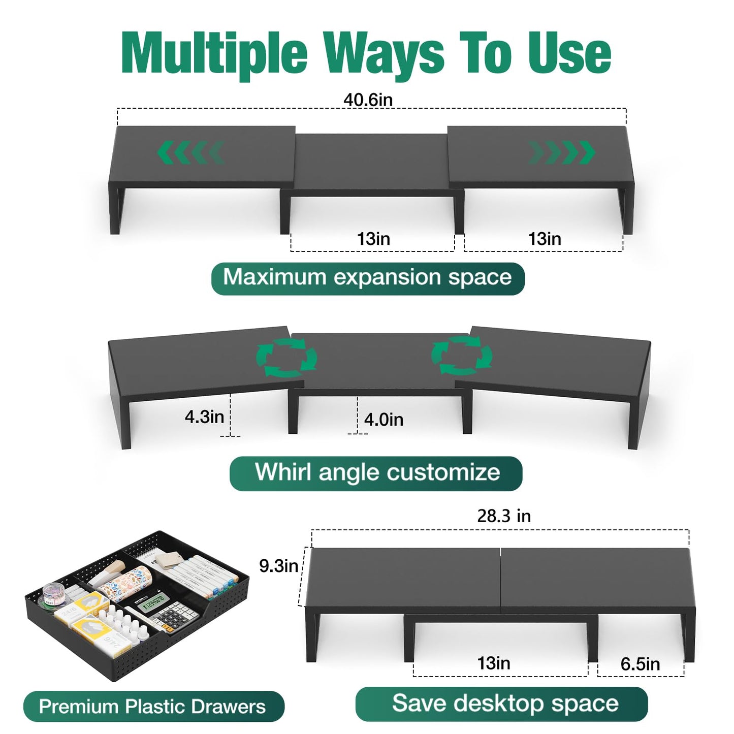 OPNICE Dual Computer Monitor Stand Riser, Desk Organizer with Drawer, Office Desk Accessories & Workspace Organizers for Home Office Supplies, Black