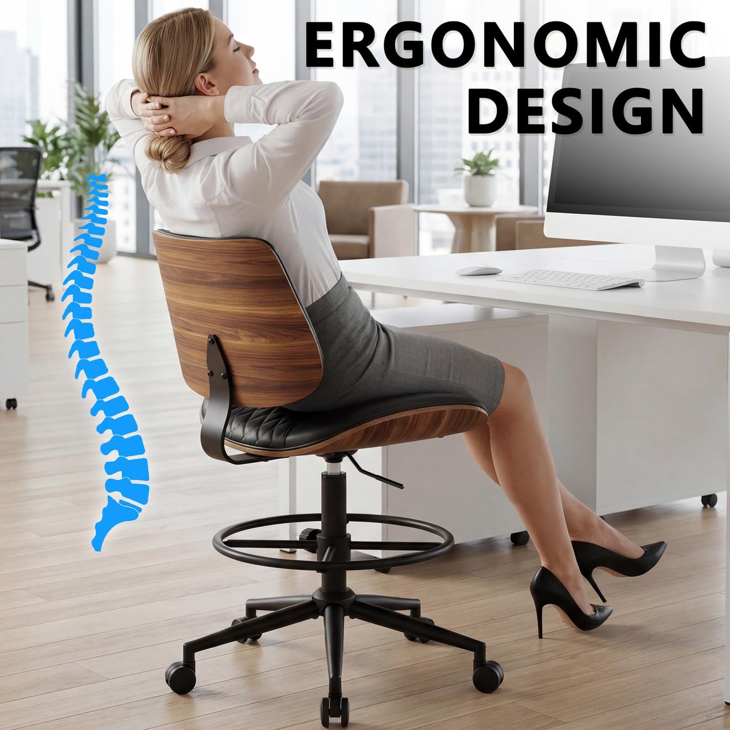 BERYTH Drafting Chair with Adjustable Footrest, Armless Modern Tall Office Chair for Standing Desk, PU Leather Swivel Stool in Curved Bentwood Style, Ergonomic Rolling Walnut Chair for Office(Black)