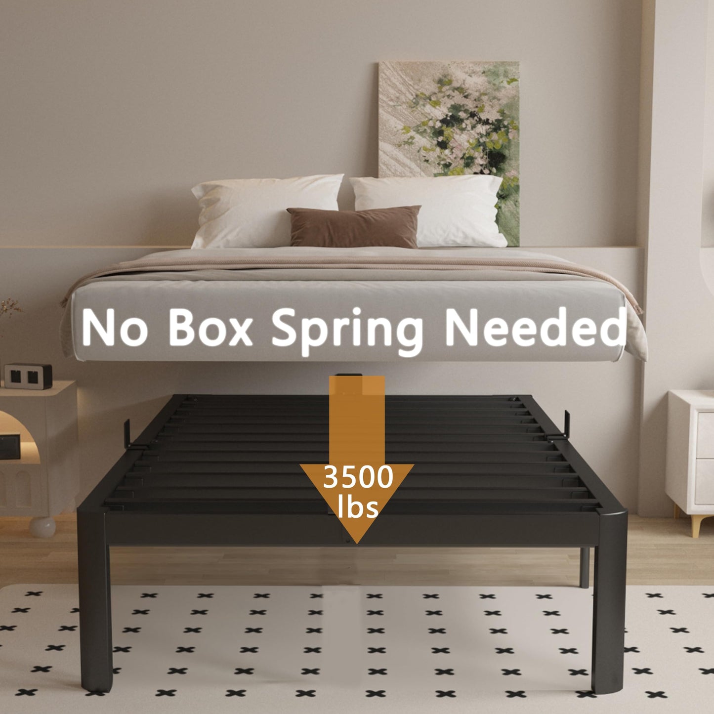 KOSOSO 16 Inch Twin Bed Frames with Metal Baffles, Black Twin Metal Bed Frame No Box Spring Needed, Heavy Duty Steel Supprt to 3500LBS, Rounded Corner Design, Noiseless, Easy Assembly