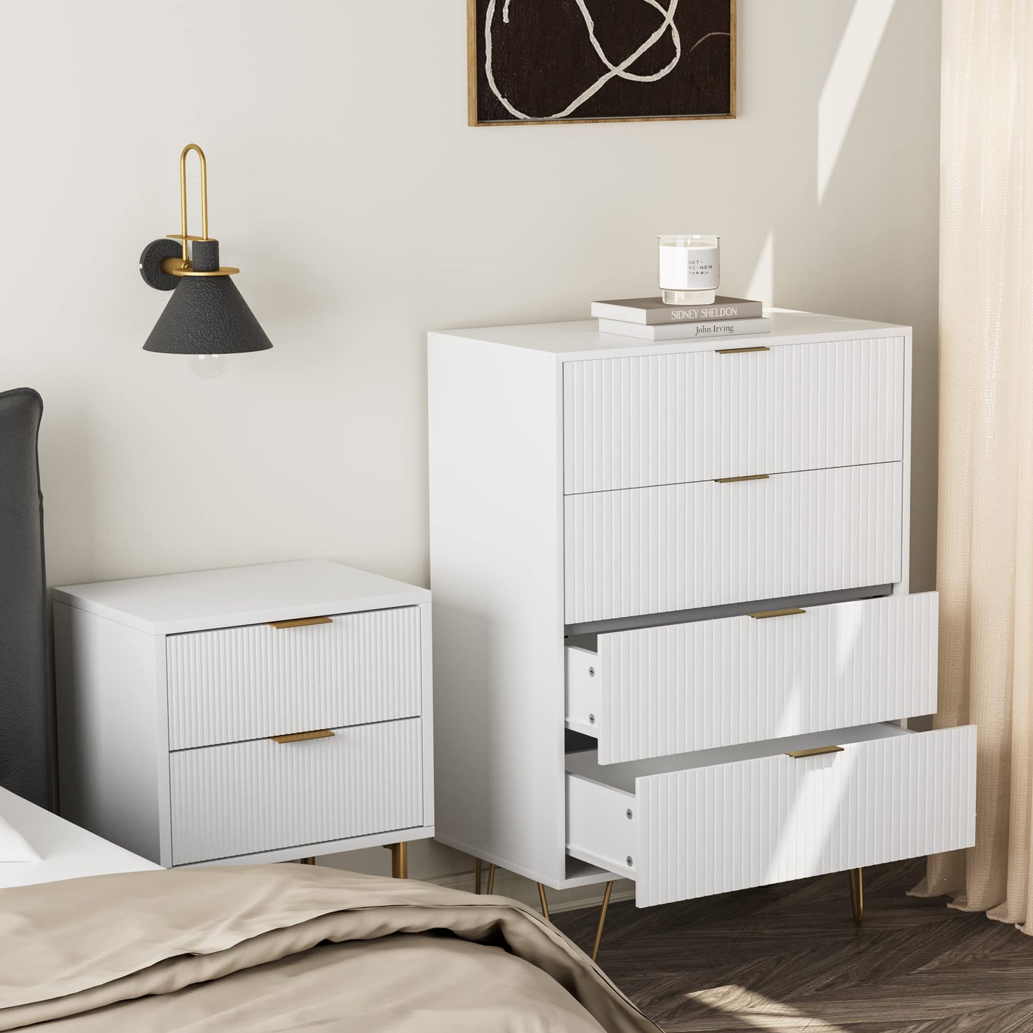 Masupu 4 Drawer Dresser, Drawer Chest, Tall Storage Chest Cabinet Organizer Unit with Metal Legs, Small Dresser for Bedroom, Living Room, Closet, Hallway White Stripe
