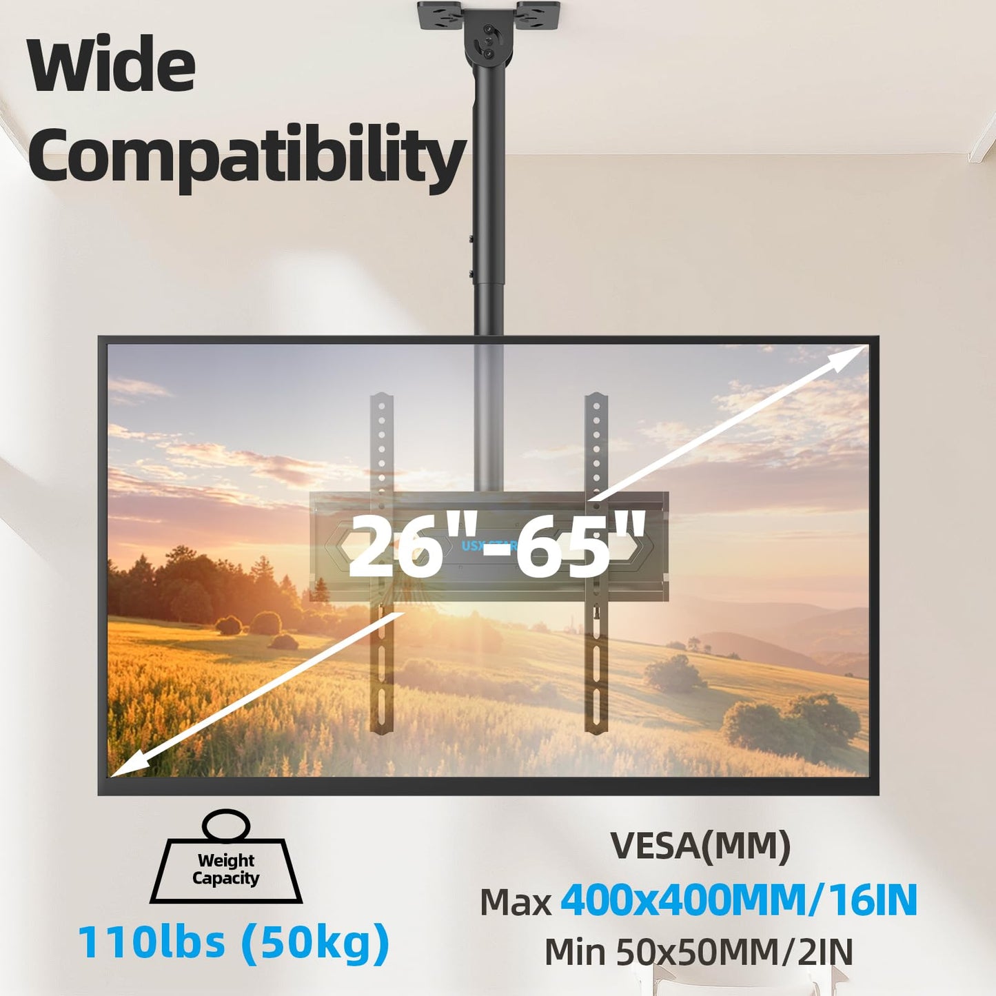 USX STAR Ceiling TV Mount for 26-65 inch TVs, 360° Swivel Full Motion Ceiling Mount TV Bracket, Height Adjustable, Tilt TVs Ceilings Mounts, Supports up to 110 Lbs, Max VESA 400x400mm