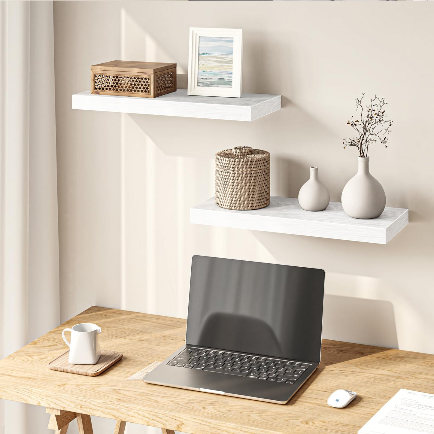 Fixwal Floating Shelves for Wall, 15.7" Wood Wall Mounted Shelves for Living Room, Bedroom, Bathroom and Kitchen, for Storage, Books, Room Decor (White, Set of 2)