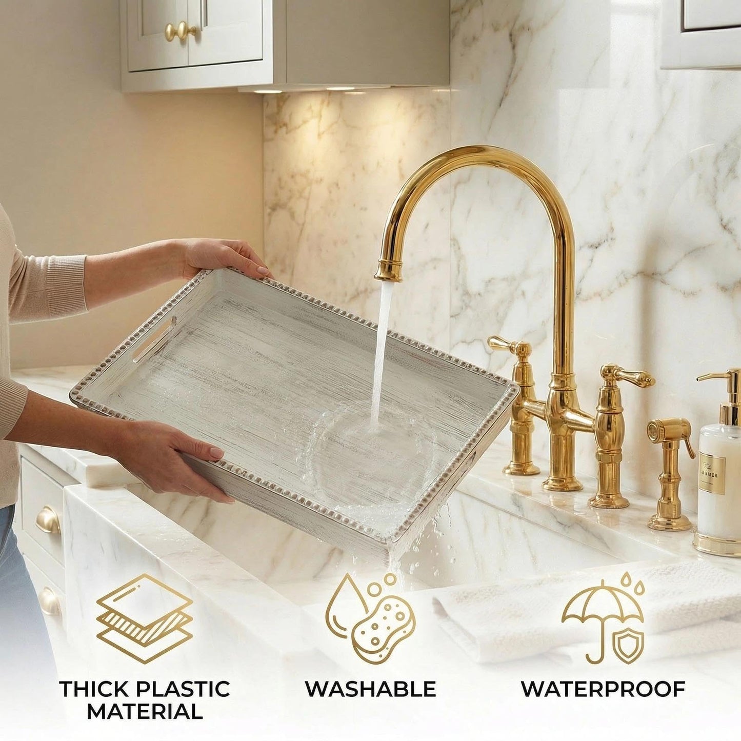 Zosenley Decorative Tray, Rectangular Plastic Tray with Handles, Modern Vanity Tray and Serving Tray for Bathroom, Kitchen, Ottoman and Coffee Table, 15.6” x 10.2” (Retro White)