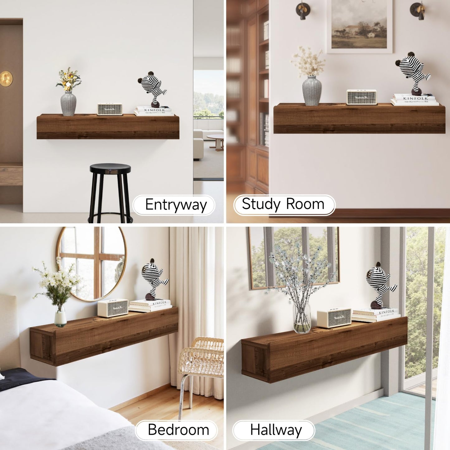 TuckTect Floating Solid Wood Console Table, 32'' Wall Mounted Narrow Entryway Table with Storage Shelf, Modern Couch Shelves Small Entry Way Tables for Entryway, Front Hall, Hallway (Walnut, 31.5IN)