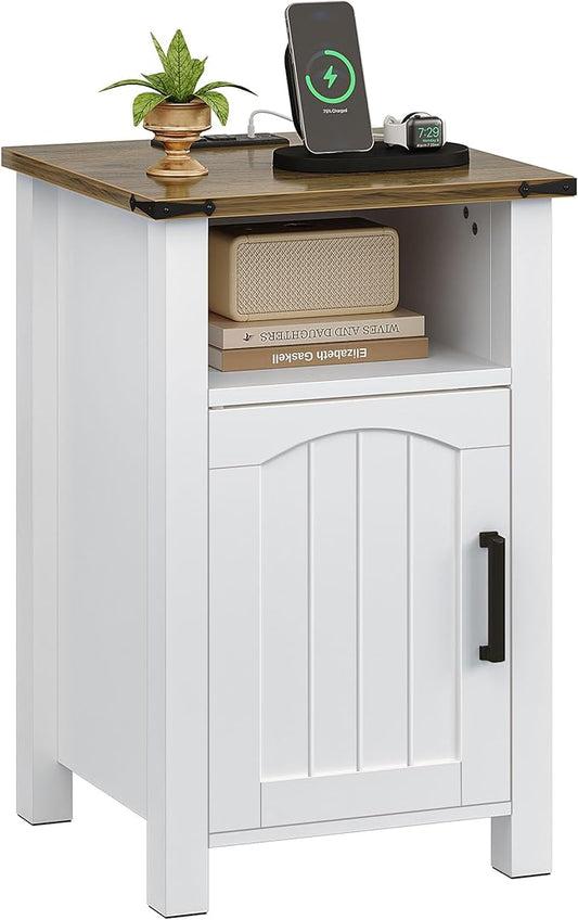 Farmhouse Nightstand with Charging Station, End Table with USB/Type-C Ports and