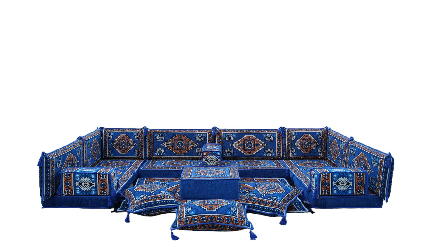 arabicsofa Blue Middle Eastern Moroccan Majlis – U Shaped Oriental Floor Seating Jalsa Modular Sofa