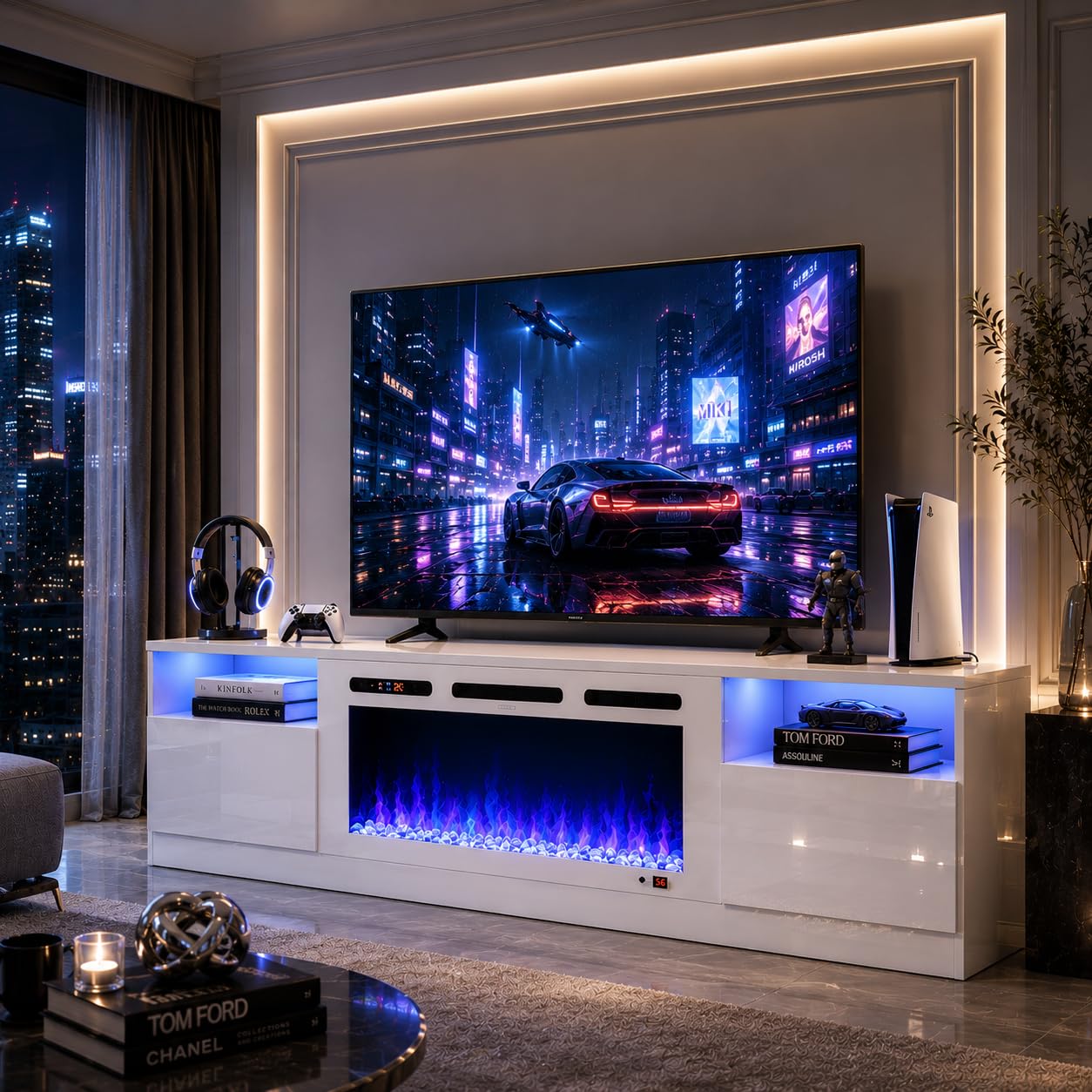 OneBlis 70" Fireplace TV Stand for TVs Up to 80",Entertainment Center with 36” Electric Fireplace and 12 Colors LED Lights,Large TV Console with Storage Cabinet for Living Room,All White