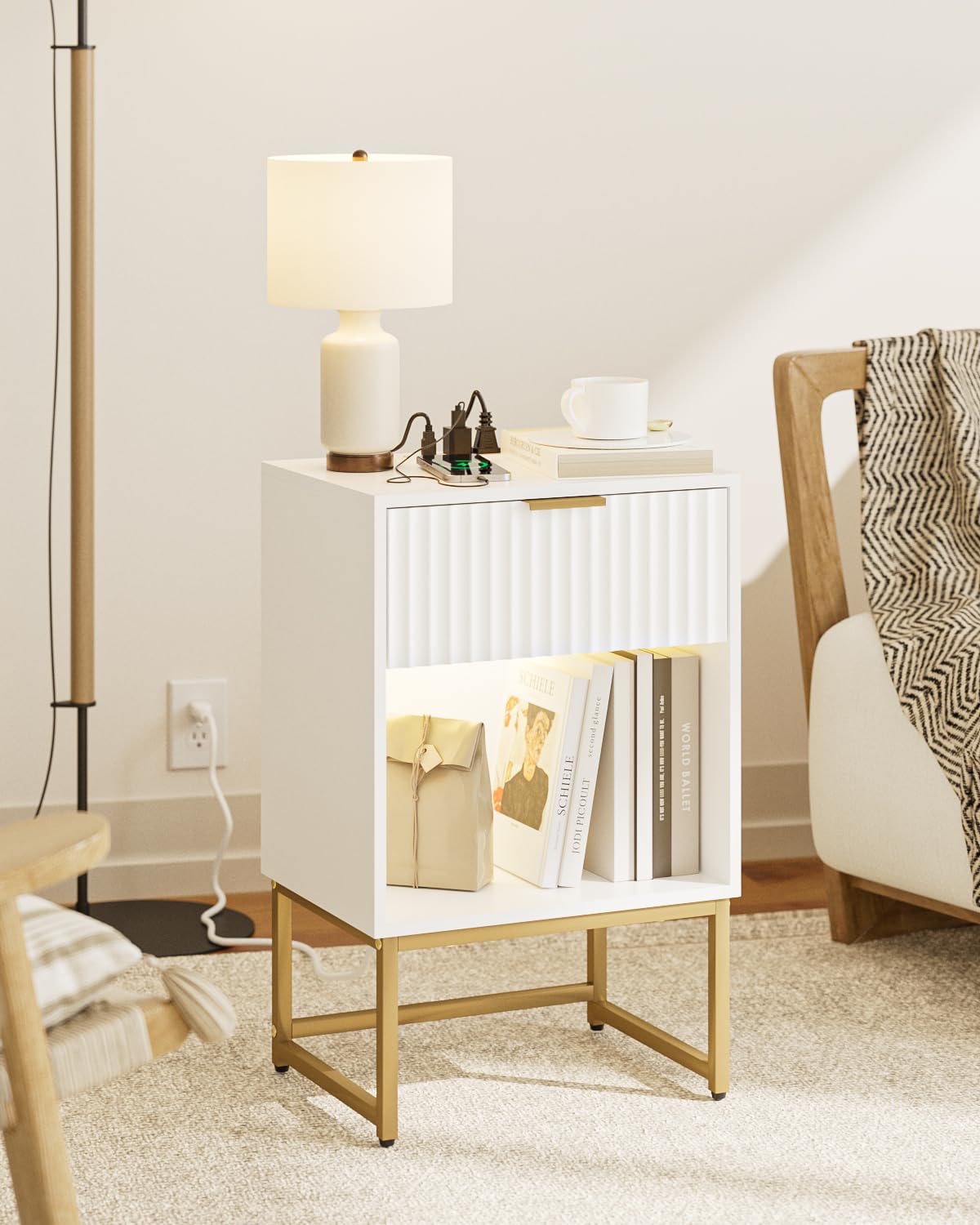 Masupu Fluted Nightstand with Charging Station and LED Lights,Modern Night Stand Wood Bedside Table with Storage Drawer Side End Table for Bedroom, Office,White
