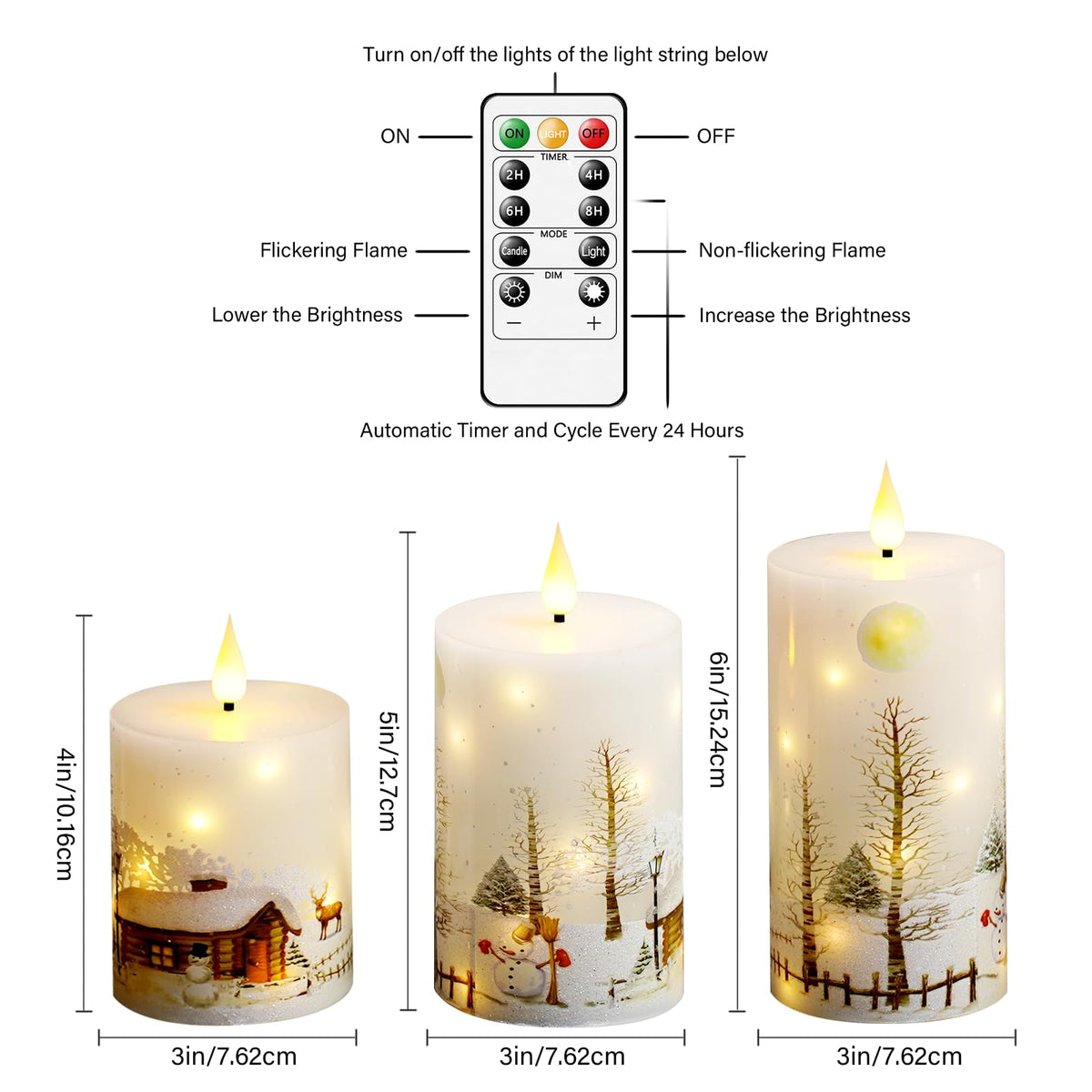 Christmas Flameless Candles with Remote - White LED Candles & String Lights, Battery Operated Set of 3 (D3 x H4/5"/6") for Window Decor, Christmas Decorations,Living Room Decoration