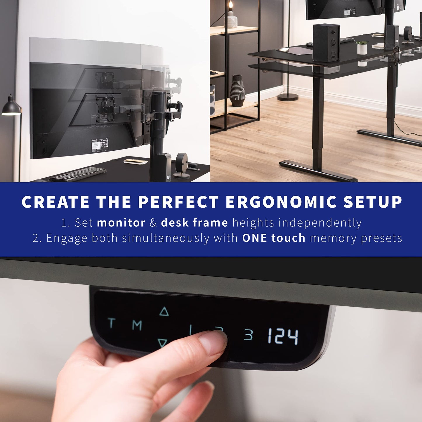 VIVO Integrated 63 x 32 Inch Electric Standing Desk and Motorized Dual Monitor Mount, 1 Touch Height Adjustment, Fits up to 32 inch Monitor Screens, Memory Control Pad, Black, DESK-KIT-SET1B