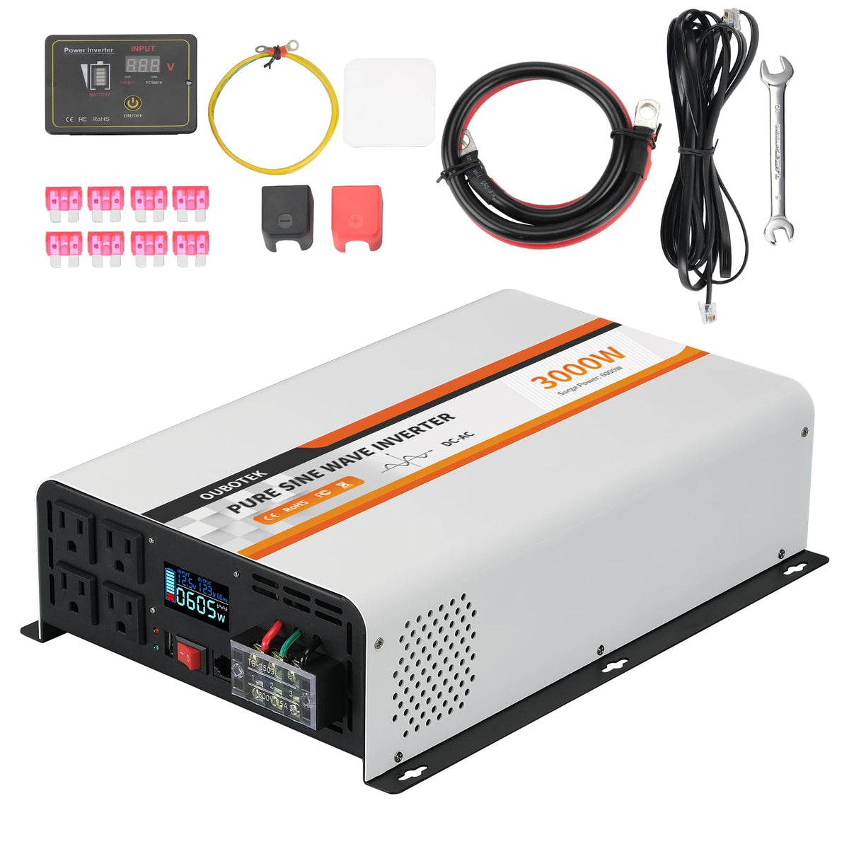 OUBOTEK 3000 Watt Pure Sine Wave Inverter, DC 12V to AC 120V with LCD Display, Remote Control, USB Port, 4 AC Outlets, and Terminal Block for RV Boat Camping Solar System and Home Use