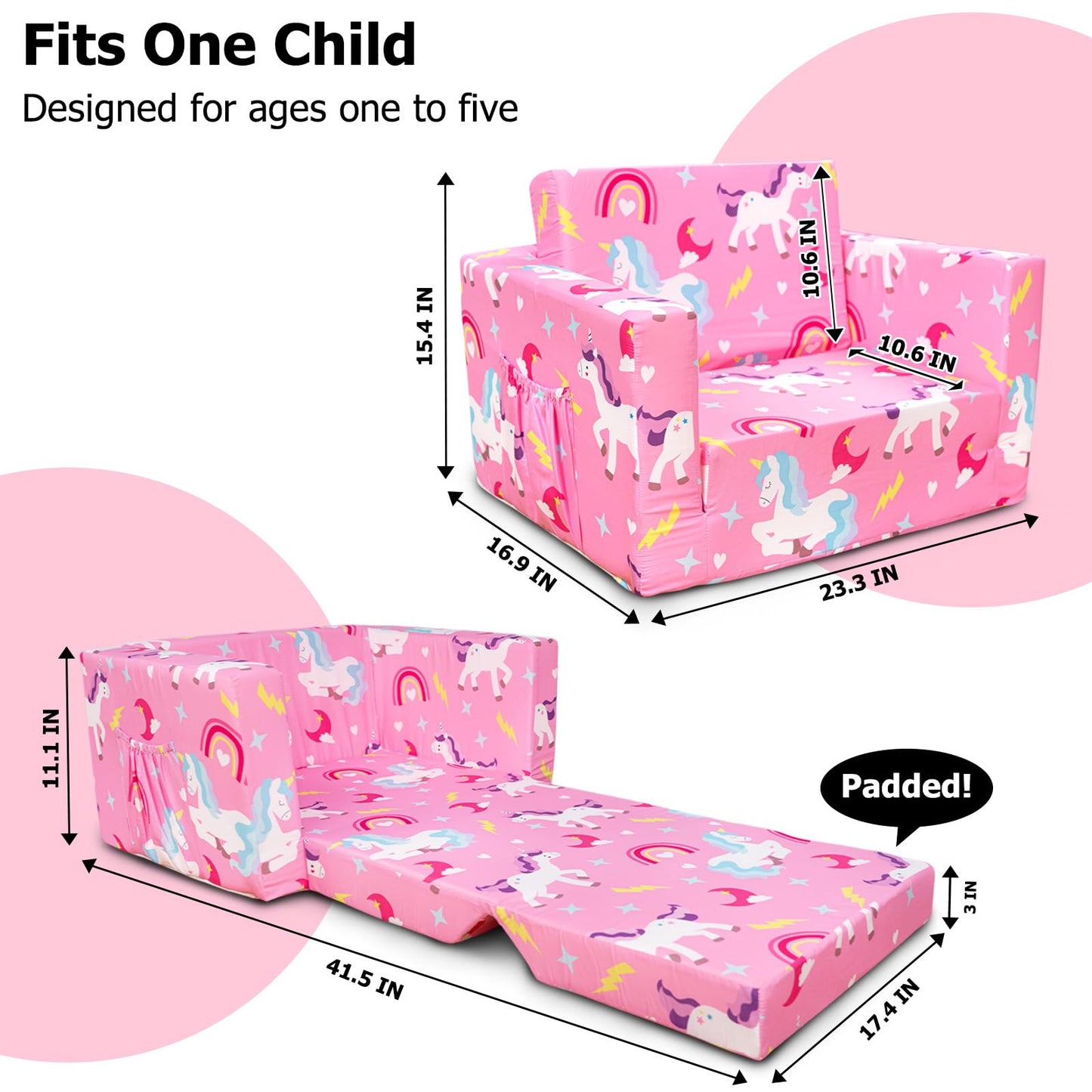 Beavtaens Kids Couch, 2-in-1 Kids Fold Out Couch, Convertible Sofa to Lounger for Girls and Boys, Soft Toddler Chairs Comfy 1-3 Years Old - Light Pink