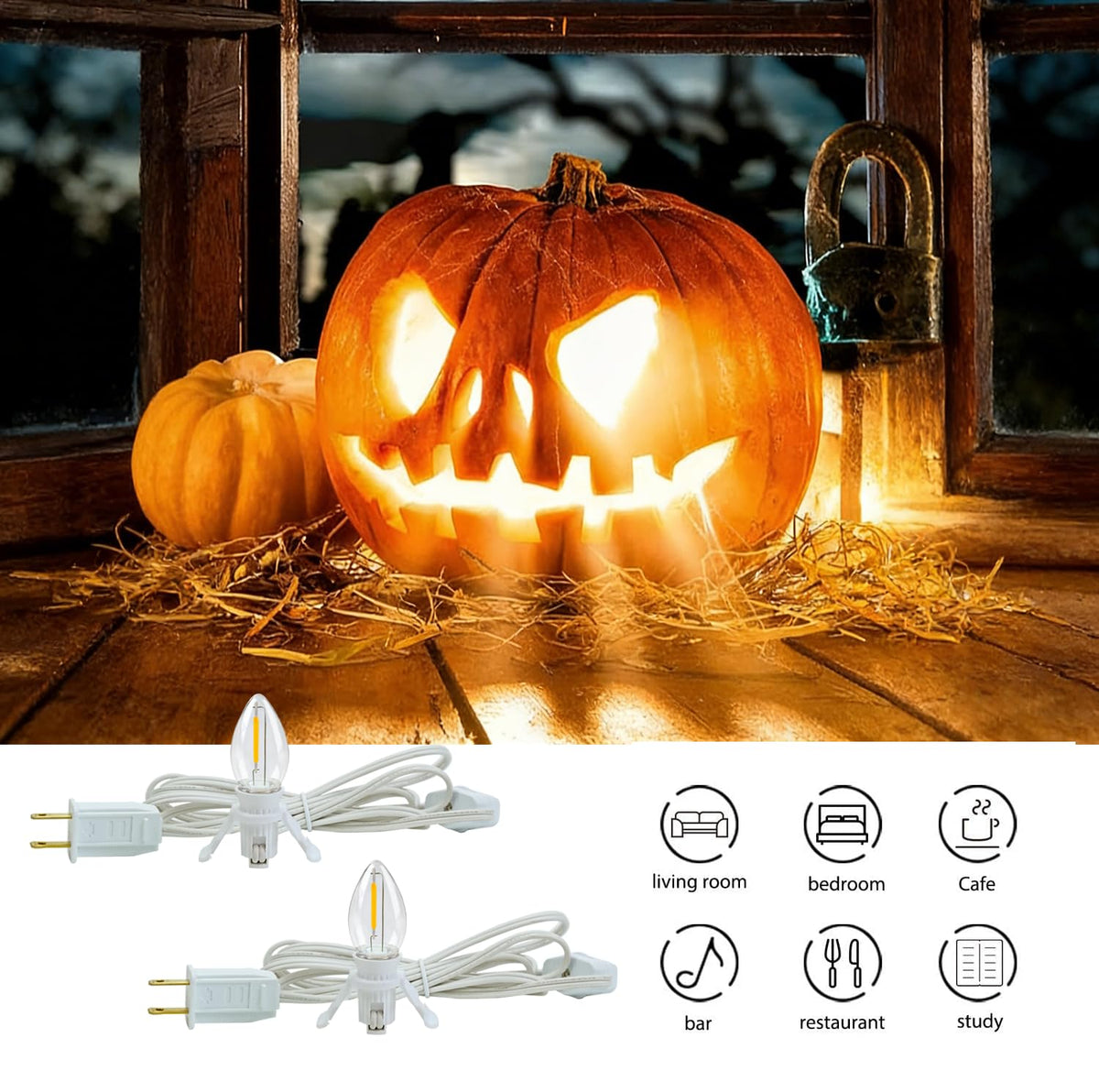 2 Pack Accessory Cord with 2 C7 Led Light Bulb Candelabra-Base E12 Socket White Cord with On/Off Switch Plugs for Holiday Decorations Christmas Village House