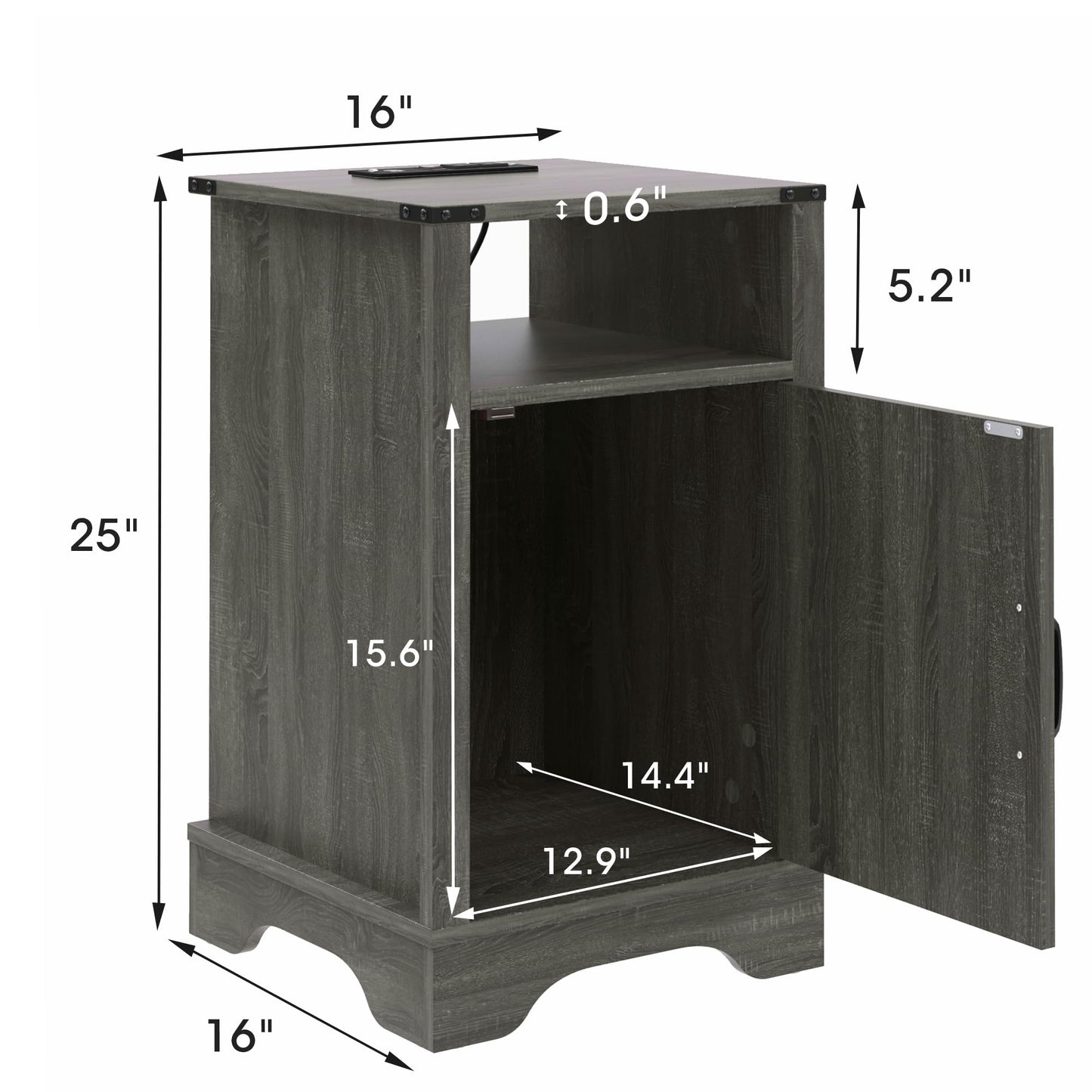 RoyalCraft Farmhouse Nightstand, End Table with Charging Station, Tall Bedside Table with Large Storage Room and Shelf, Wooden Rustic Side Table for Bedroom, Home Office, Dark Grey