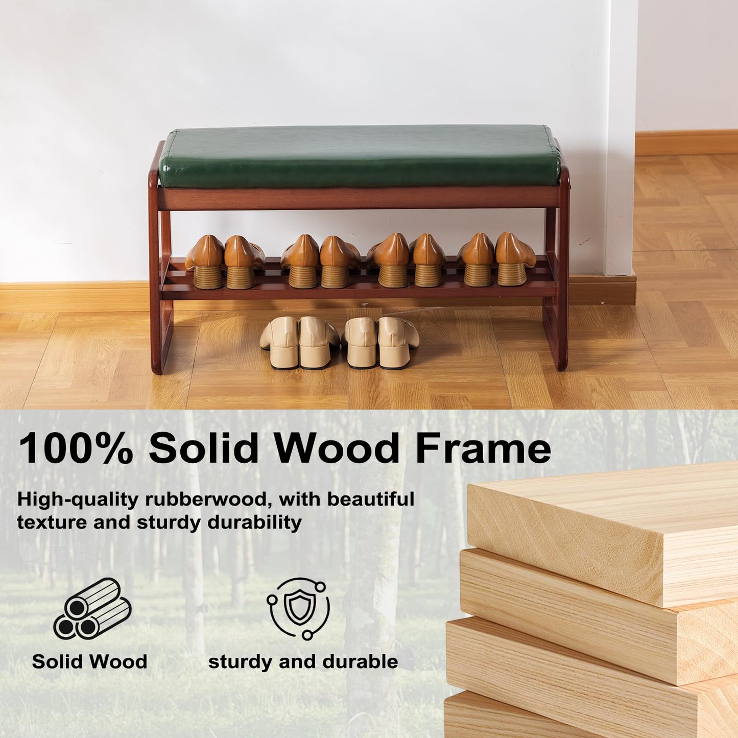SOBIBO Solid Wood Shoe Bench, 2-Tier Wooden Entryway Bench, Modern Shoe Rack with Faux Leather Cushion for Hallway, Living Room (Green, 31.5'')