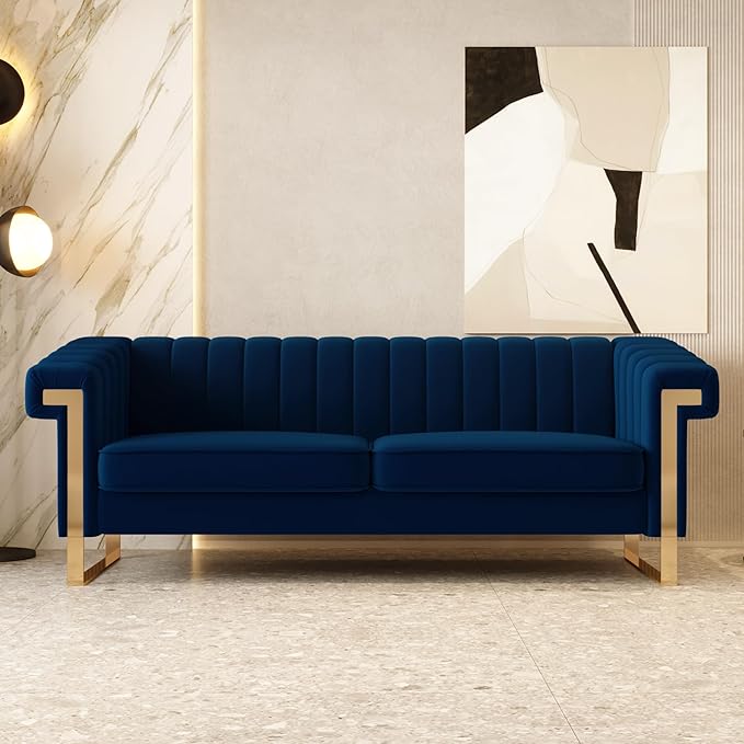 Mid-Century Modern Blue Velvet Sofa