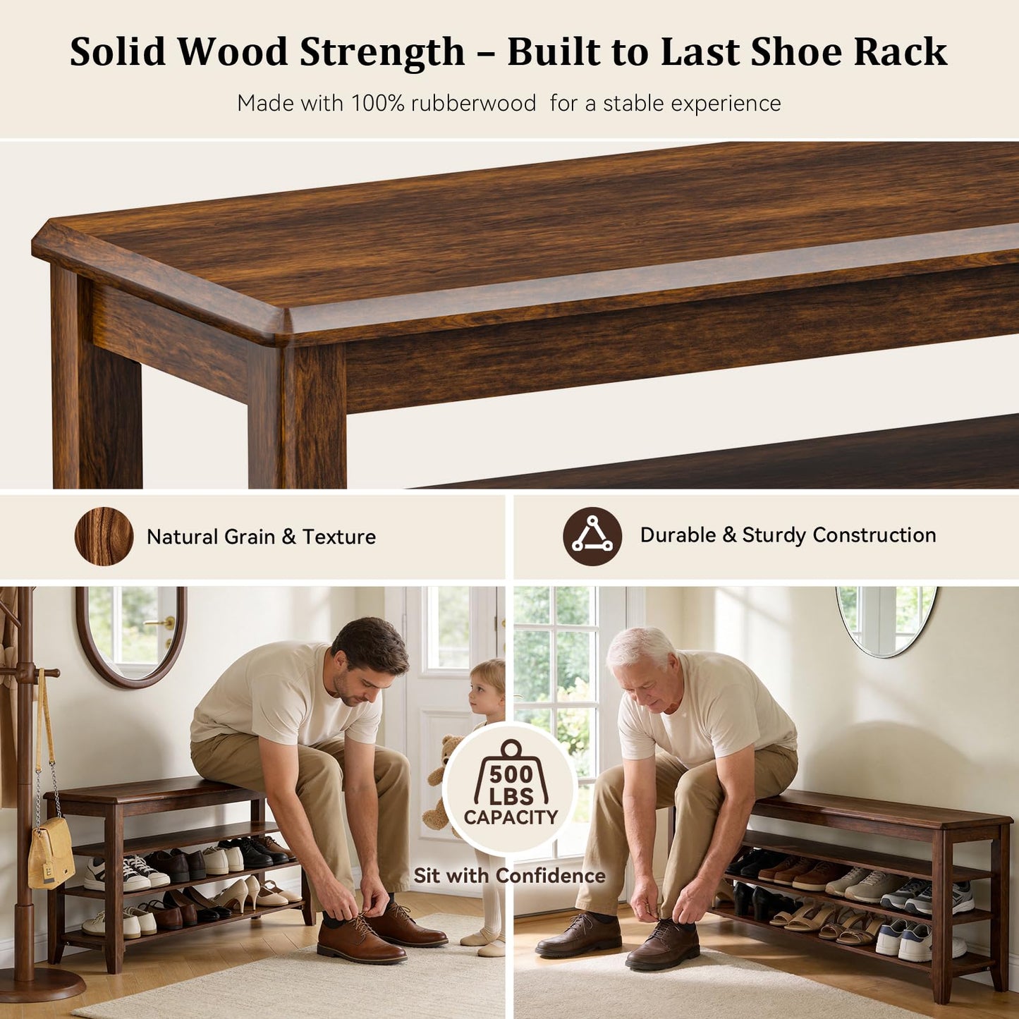 Taitiy Shoe Bench Storage Rubberwood, Entryway Bench with 3-Tiers Height Adjustable, Shoe Rack Front Door Entrance Organizer for Hallway Living Room, Mudrooms, Walnut,31.5"
