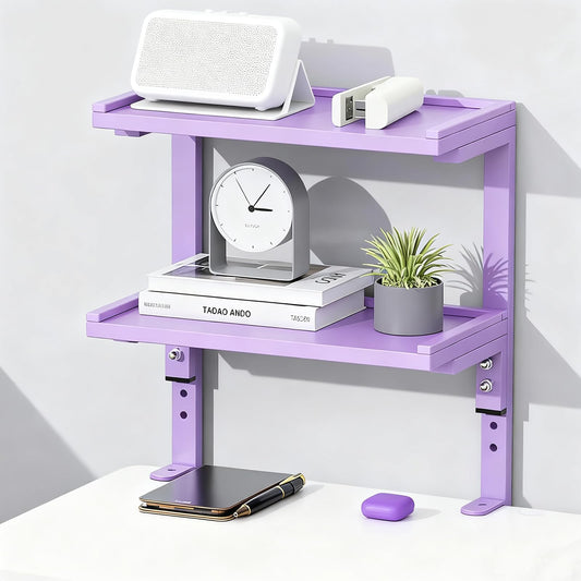 OUTIOE 2-Tier Desk Shelf, Expandable Under Desk Storage, Clamp on Desk Shelf, Desktop Accessories for Offices, Study Rooms, and Game Rooms (Purple)