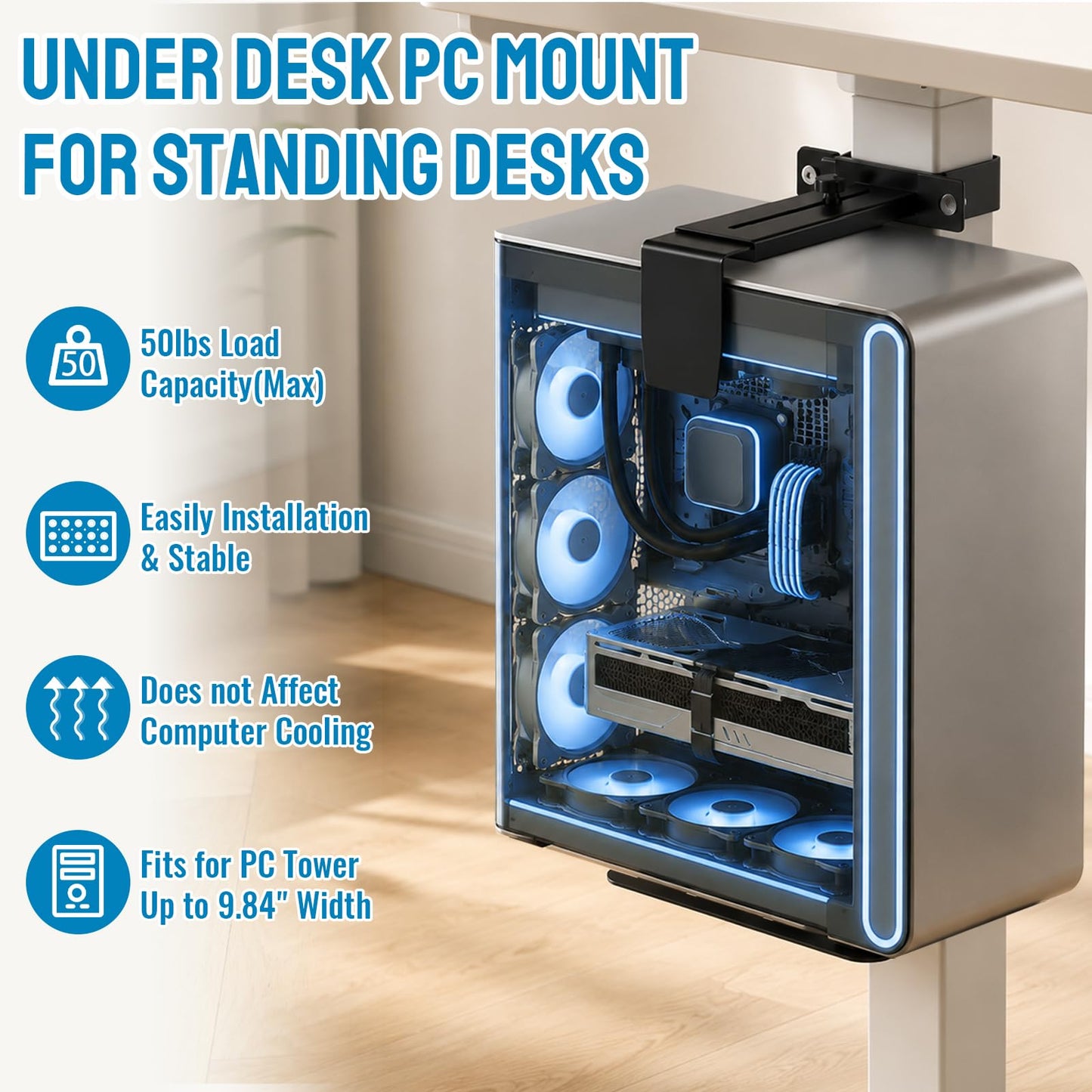 Under Desk PC Mount - Heavy Duty PC Stand for Standard Computer Tower Up to 9.64" Wide, Up to 50Lbs Weight, Clamped PC Bracket Holder Only for 65×45mm/75×45mm/80×50mm Standing Desk Leg, No Drill