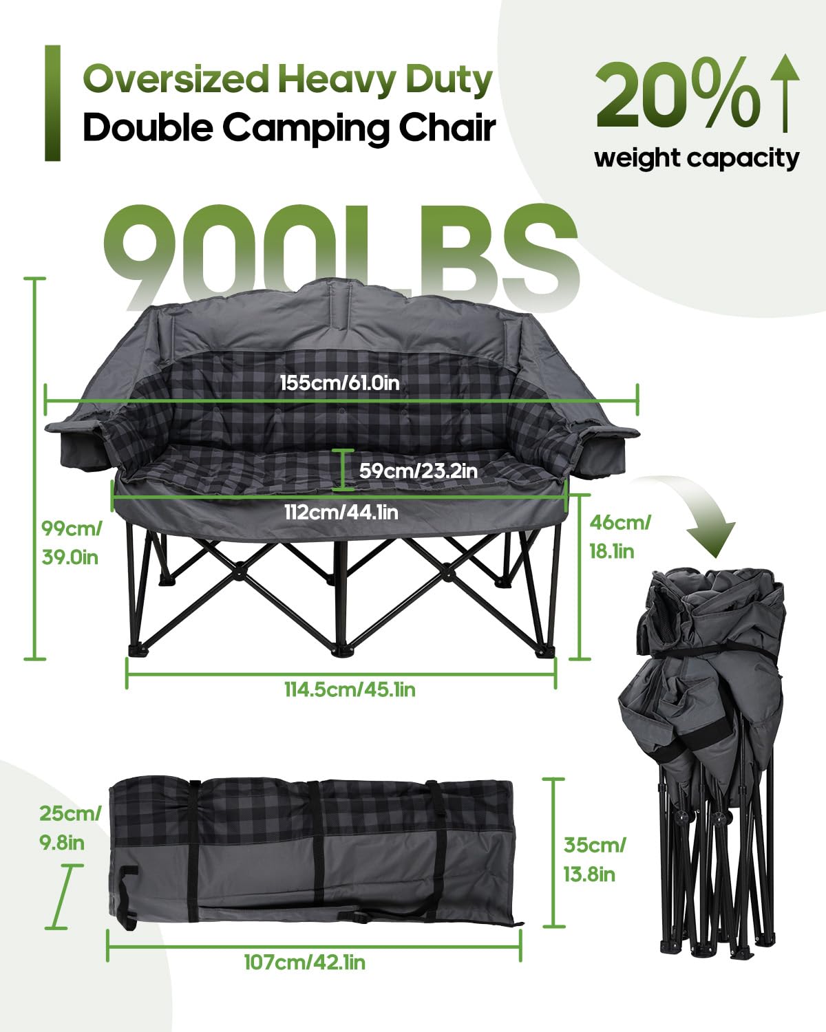 Pcuauld Double Camping Chair Padded Loveseat for Adults, Oversized 2 Person Camp Couch with 2 in 1 Carry Bag, Heavy Duty Folding Outdoor Sofa with Cup Holders for Lawn Beach Tailgating, Green