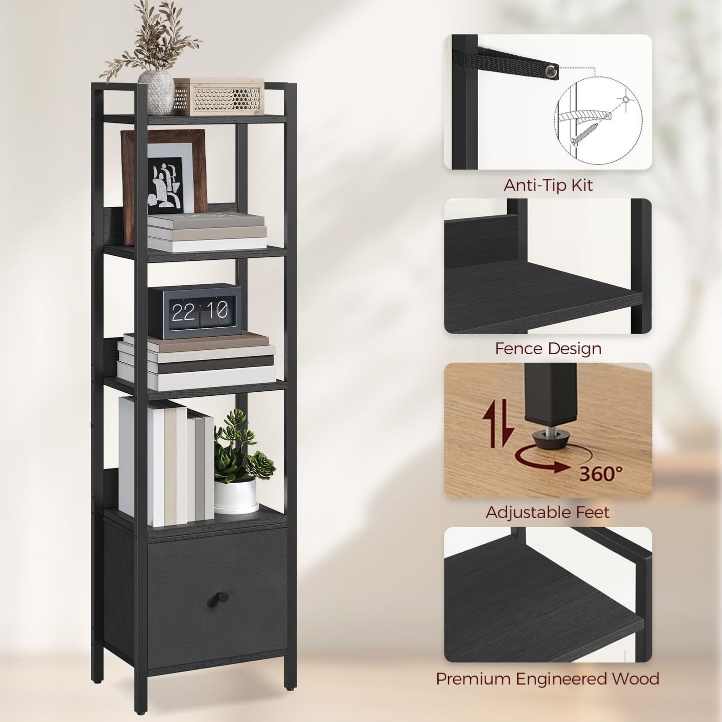 MAHANCRIS Bookshelf, 5-Tier Bookcase with Drawer, Small Book Shelf for Small Space, Storage Shelf Organizer, for Living Room, Bedroom, Study, Kitchen, Black BKHB55101