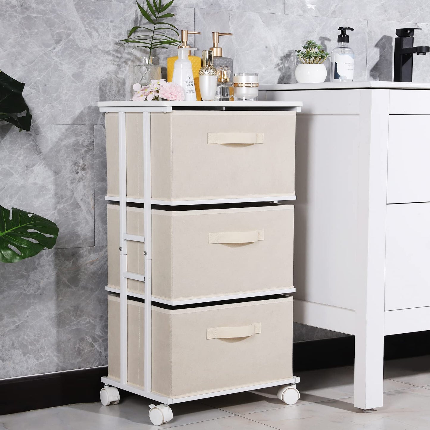 MAX Houser Dresser Tower with 3 Drawers for Bedroom, Fabric Storage Organizer Unit, Chest of Drawers with with WoodTop, Small Vertical Storage for Guest Room, Closet, Entryway(Beige)