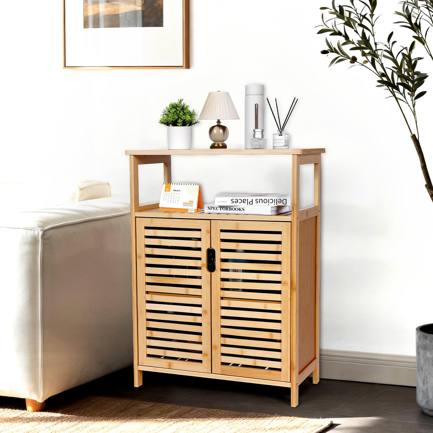 Bambition Bamboo Storage Cabinet with Doors, Floor Freestanding Cabinet with Shelves for Bathroom, Kitchen, Living Room