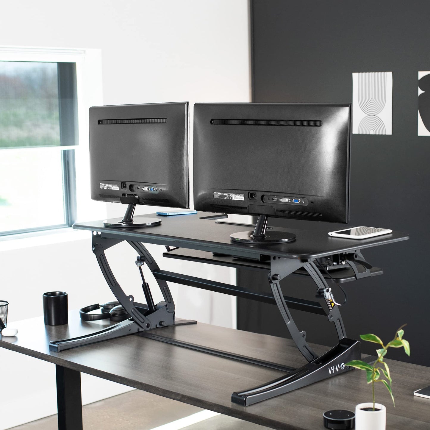 VIVO 42 inch Height Adjustable Stand Up Desk Converter, V Series, Quick Sit to Stand Tabletop Dual Monitor Riser Workstation, Black, DESK-V000VL