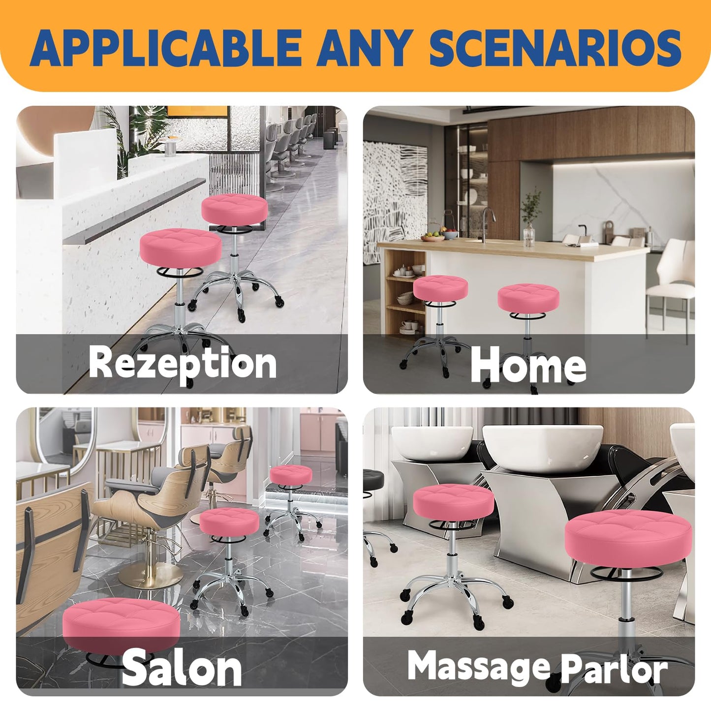 YEEZEE Rolling Stool Heavy Duty 400lb: Super Soft Leather Seat Cushion, 360 Swivel, Height Adjustable 19.7"-25.3", No Squeaky Noises, No Tip Over, Salon & Spa Stool, Pink
